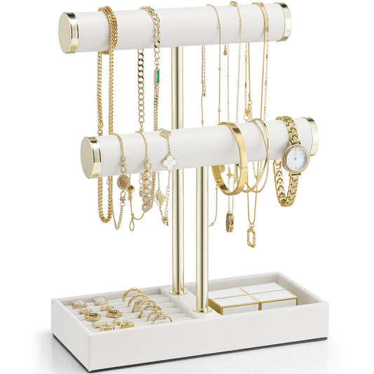 Vlando 2 Tier Bracelet Holder 0rganizer with Tray - Leather Jewelry Stand Organizer for Women - Jewelry Holder Display for Necklace, Watches, Rings, Earrings, Bangle, Scrunchie - White