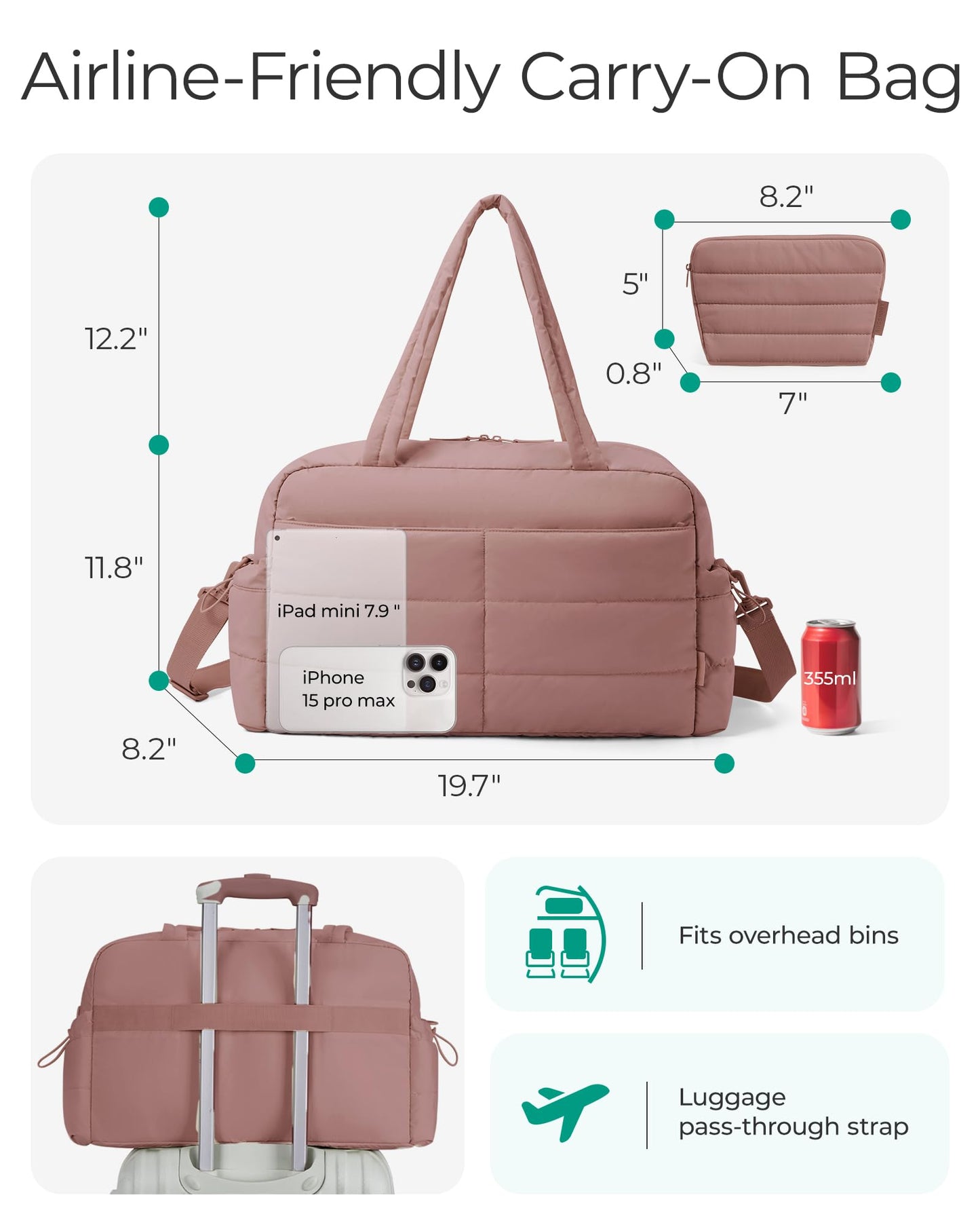 BAGSMART Gym Bag for Women, 31L Travel Duffle Bag Puffer Tote Quilted Laptop Carry on, Weekender Overnight Organizer for Travel, Water Resistant, Dark Pink