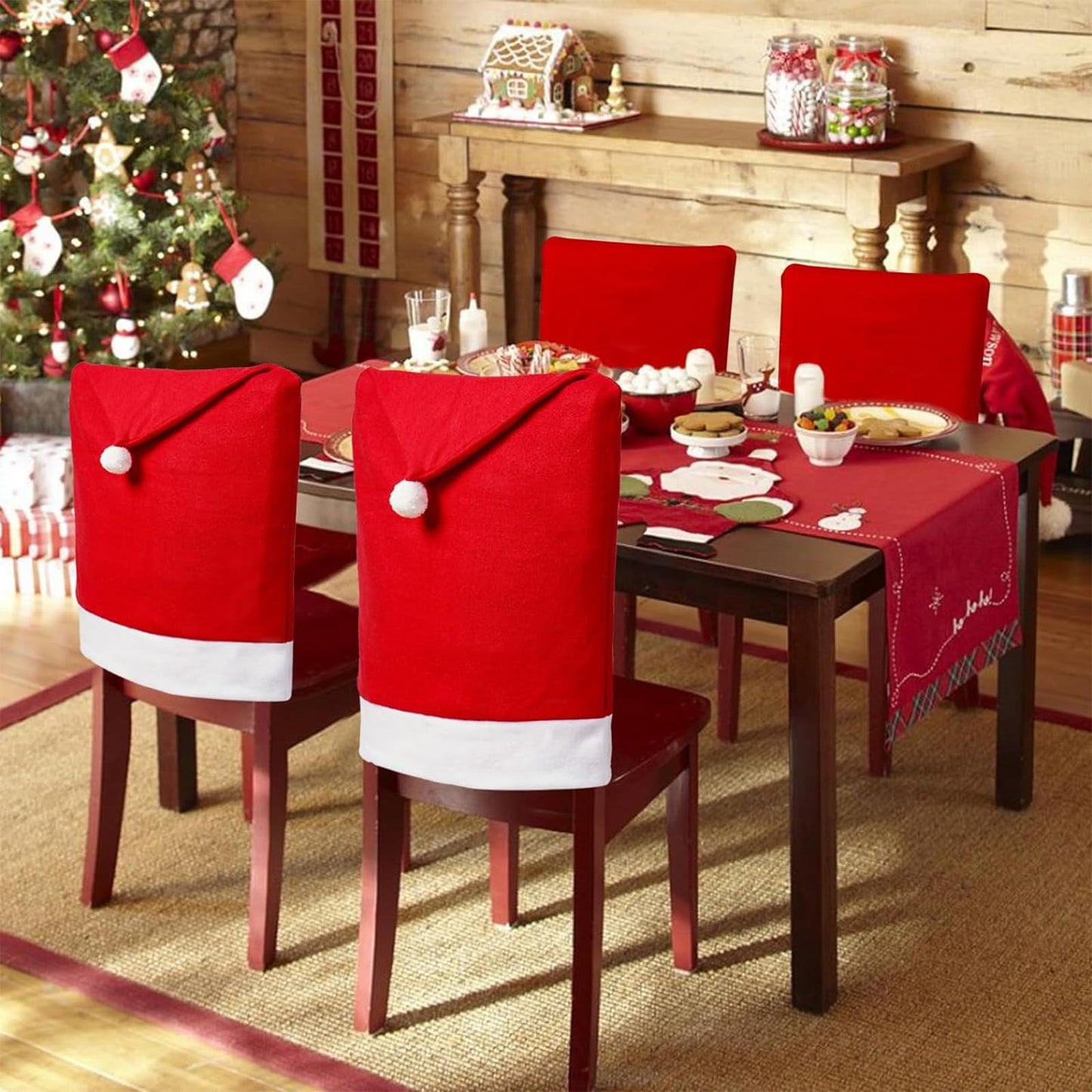 Poxtedsr Red Hat Dining Chair Slipcovers 4pcs, Christmas Chair Covers Set, Kitchen Chair Cover Xmas Indoor Decor Ornaments Set for Christmas Holiday Festival Decoration