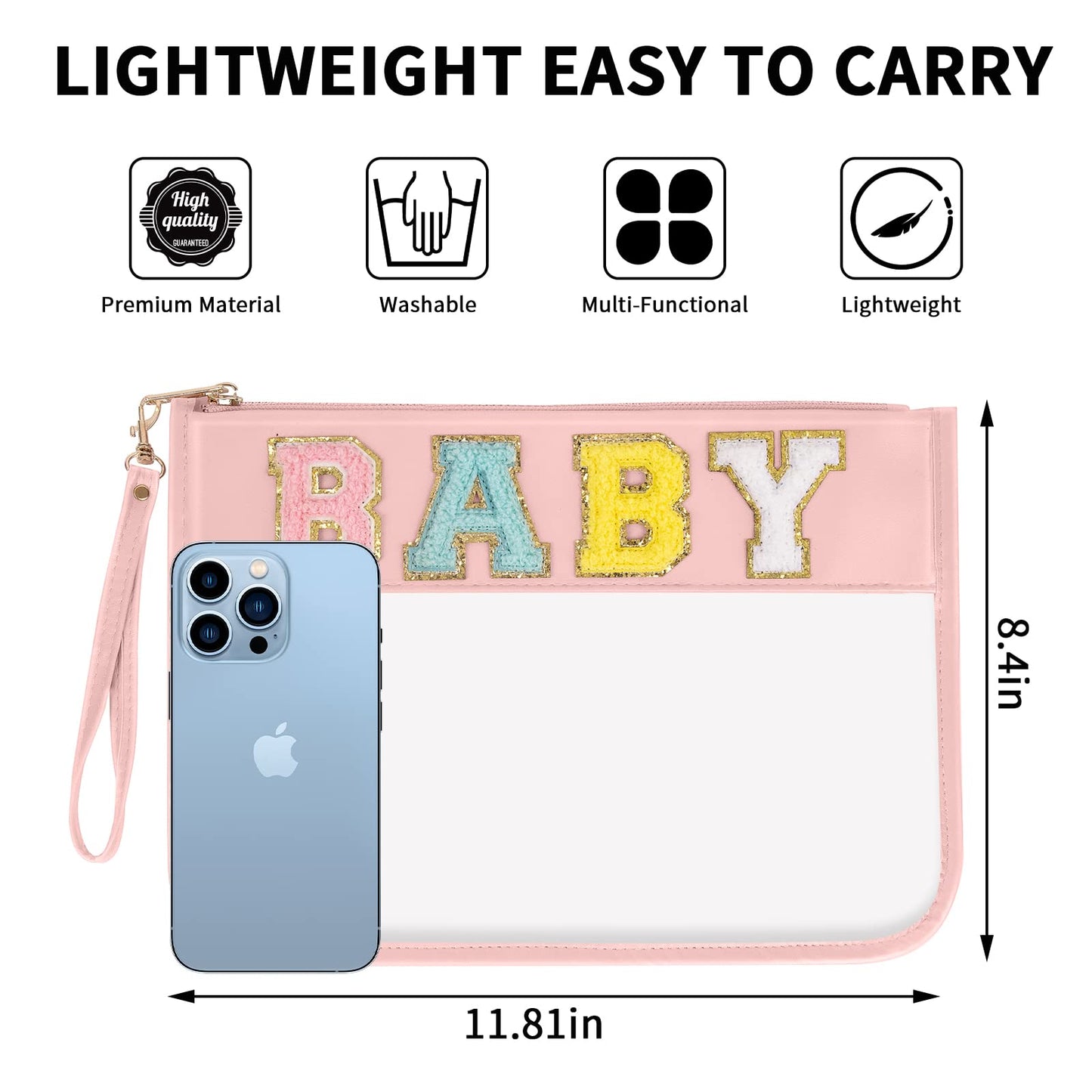 Iqimott Monogram Letter Clear Bag Purse, Chenille Glitter Letter Makeup Cosmetic Bag Patch Zipper Toiletry Pouch, Portable Travel Beach Snack Wristlet Bag for Women Girls(Baby, Pink)