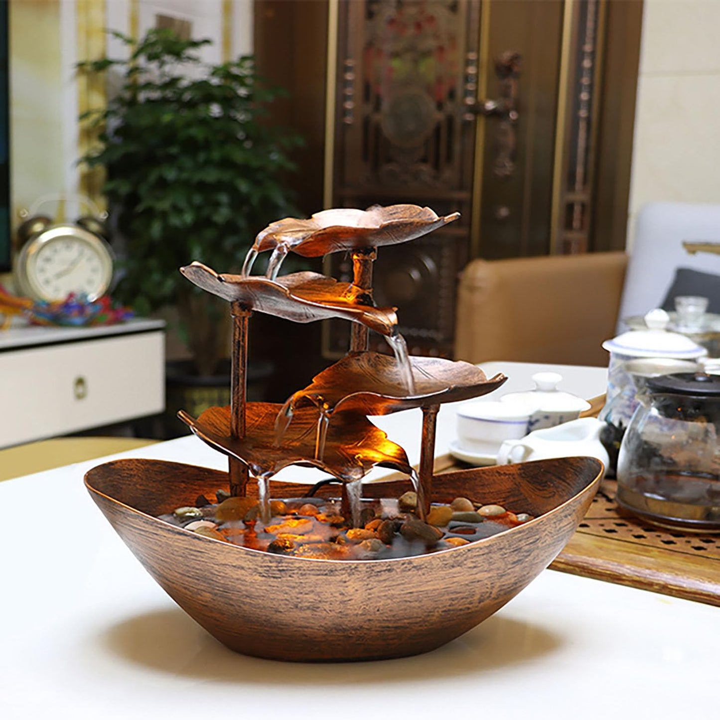 Resin Bronze Lotus Leaf Tabletop 4-Tier Fountain with Waterfall for Home Decoration
