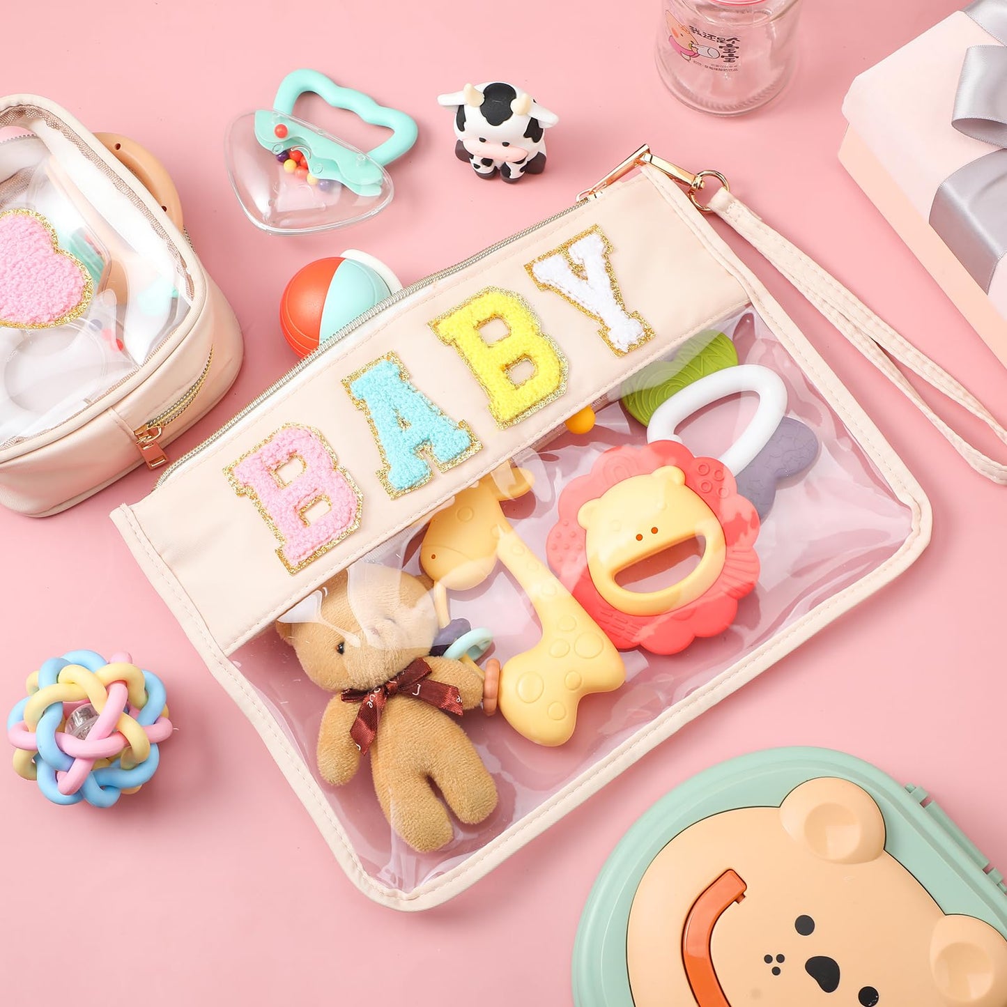 Hillban 2 Pcs Baby Bag Set Chenille Letter Bags Preppy Patch Makeup Pouch Baby Travel Pouch Waterproof Portable Toiletry Storage for Women Mom