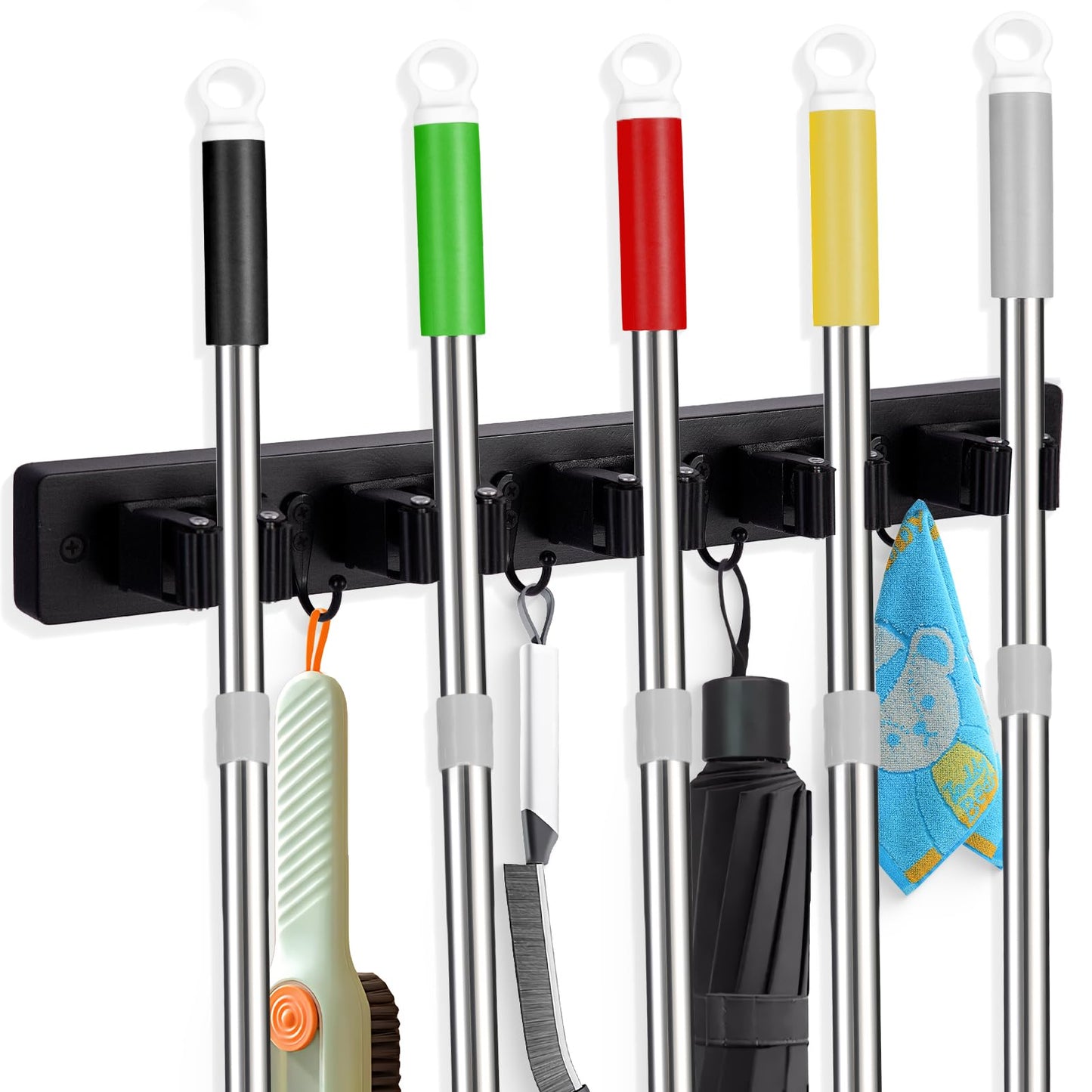 Broom Holder Wall Mount With 5 Slots & 4 Hooks，Rustic Wood Broom & Mop Hanger，Wall Mounted Garden & Garage Tool Storage Organizer Rack for Closet Laundry Room or Kitchen Wall Decor