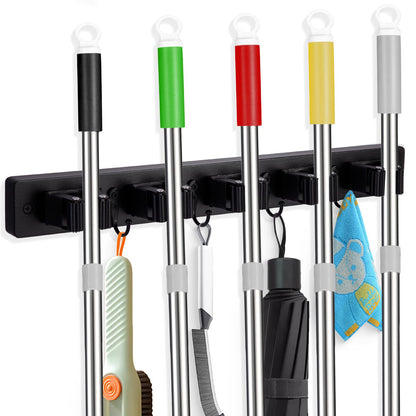 Broom Holder Wall Mount With 5 Slots & 4 Hooks，Rustic Wood Broom & Mop Hanger，Wall Mounted Garden & Garage Tool Storage Organizer Rack for Closet Laundry Room or Kitchen Wall Decor