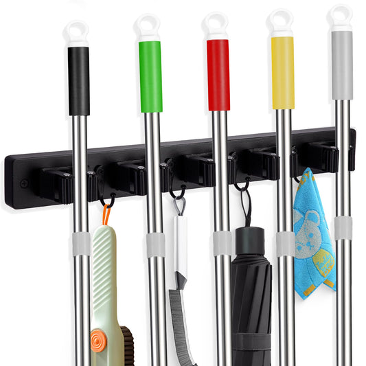 Broom Holder Wall Mount With 5 Slots & 4 Hooks，Rustic Wood Broom & Mop Hanger，Wall Mounted Garden & Garage Tool Storage Organizer Rack for Closet Laundry Room or Kitchen Wall Decor