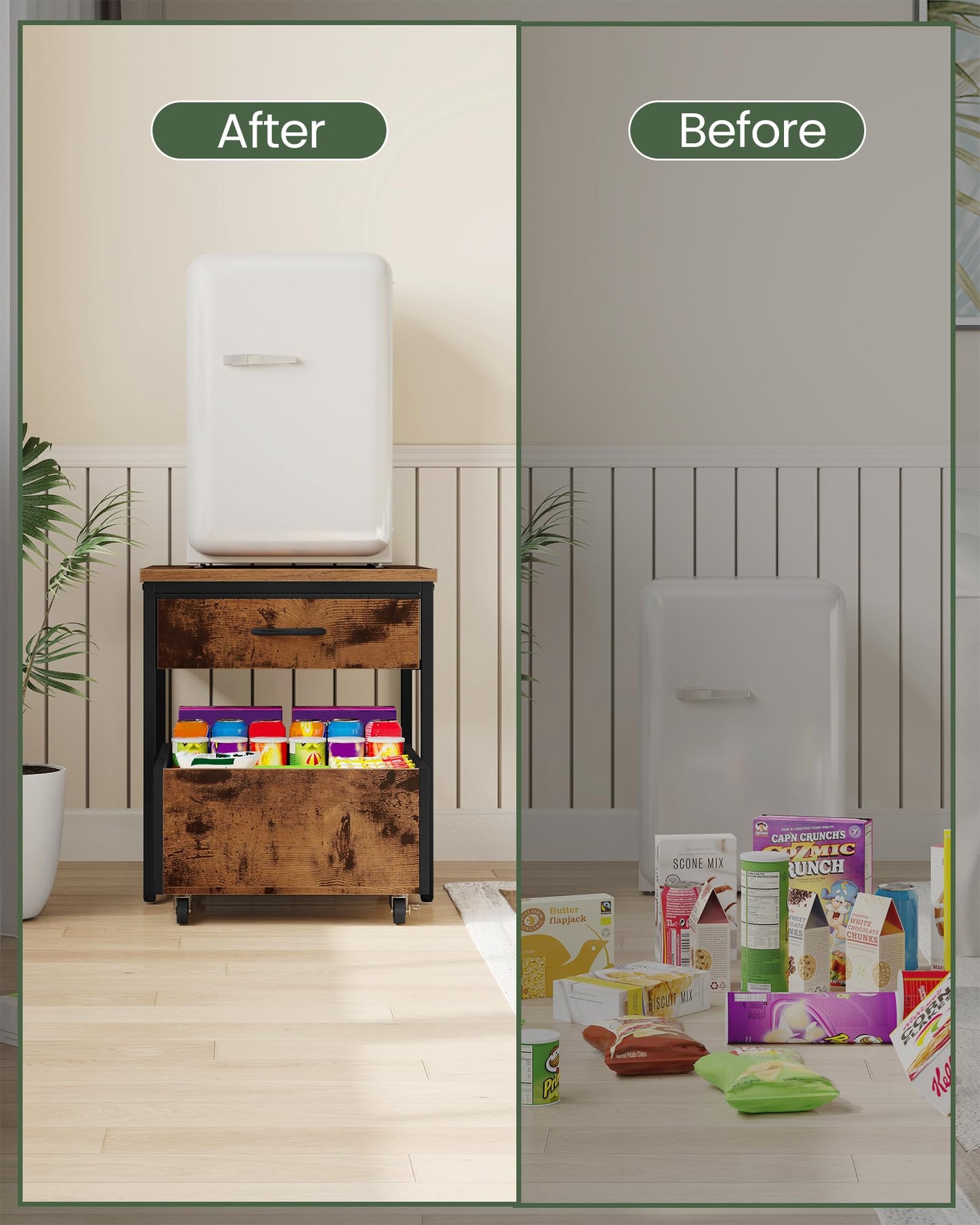 CHOEZON End Table, 19.7 Inch Square Side Table, Mini Fridge Stand with Storage, Nightstand with Mobile Basket Cart, for Living Room, Bedroom, Rustic Brown and Black TBZ55BF