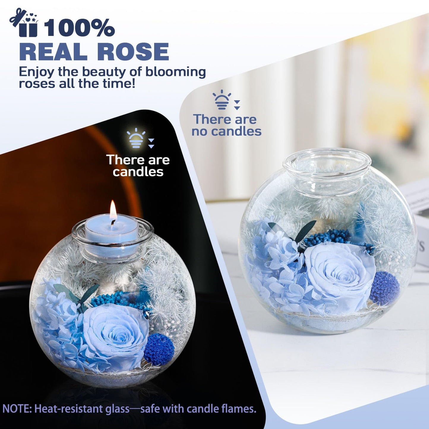 Aoshin Preserved Flowers Rose in Glass Dome with Aromatherapy Candle, Eternal Flowers Gift Set for Women Wife Girlfriend Mom Grandma - Mother Day Christmas Anniversary Birthday Gift (Blue-Rose)