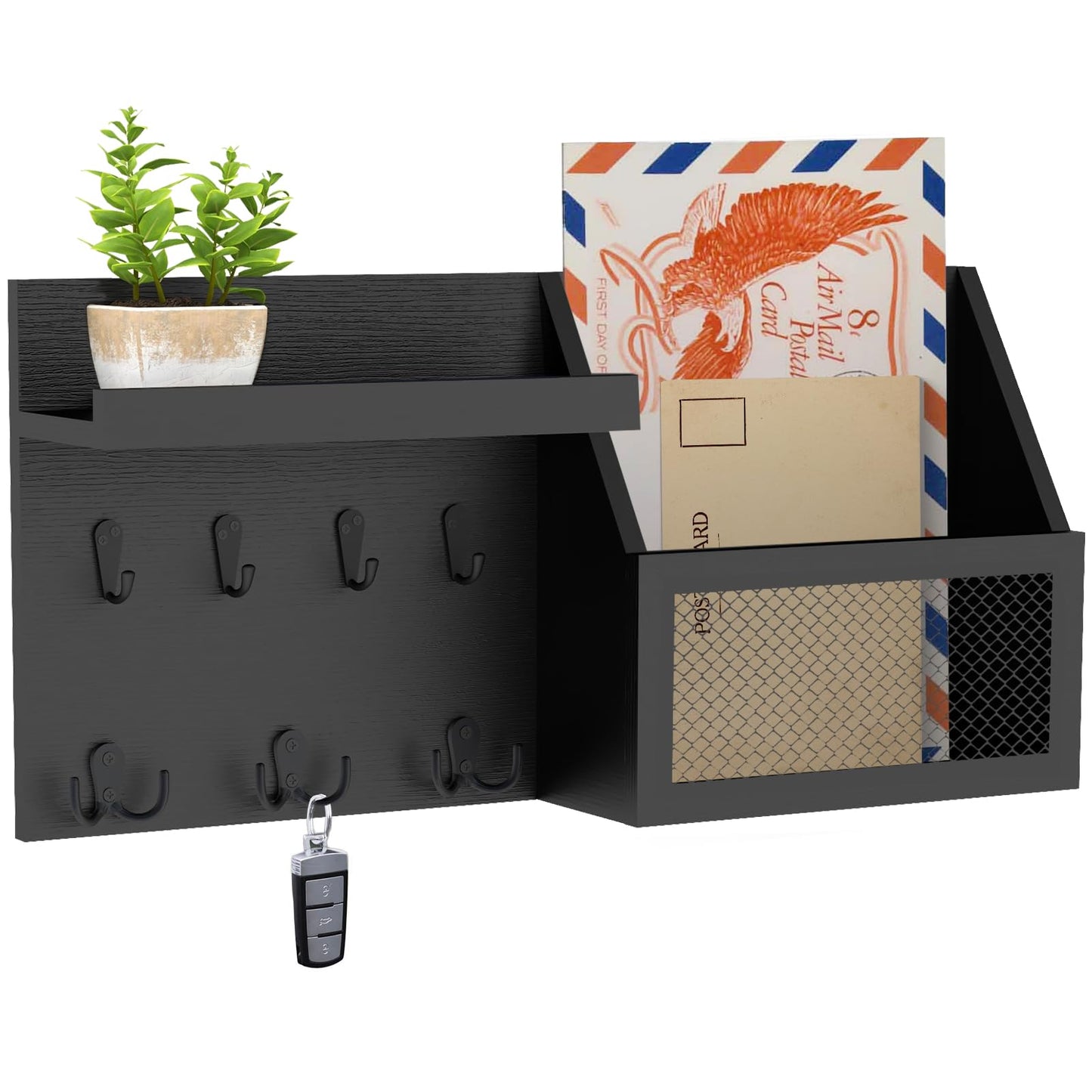 Luban Nese Key Holder Wall Mount Pine Wood 16 X 8 Mail Organizer Farmhouse Key Rack for Wall with Hooks and Shelf, Rustic Wooden Key Hanger for Entryway (Rustic Black)