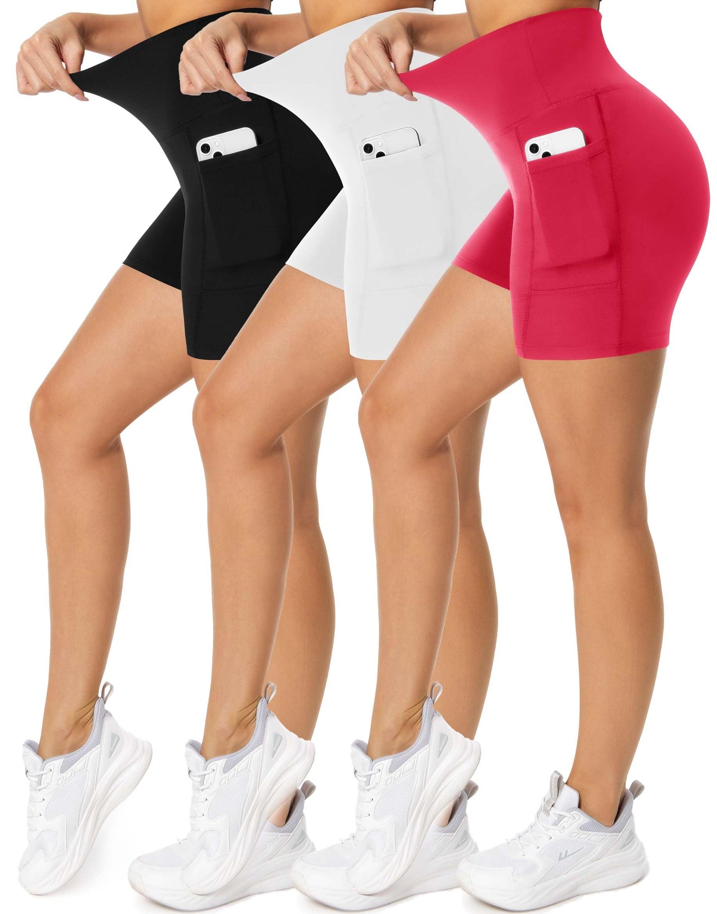 iaoja 3 Pack Biker Shorts for Women with Pockets- 5'' High Waisted Tummy Control Workout Yoga Black Running Shorts