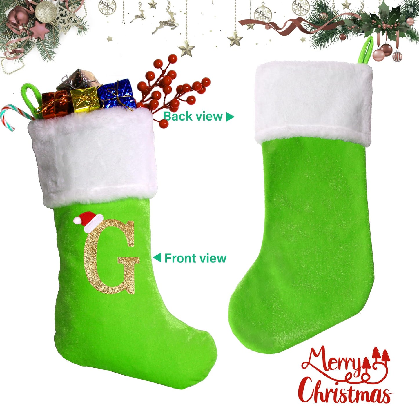 20 Inches Monogram Christmas Stockings with Letters, Large Super Soft Christmas Stockings Green Velvet with White Super Soft Plush Cuff for Christmas Xmas Tree Holiday Fireplace Green