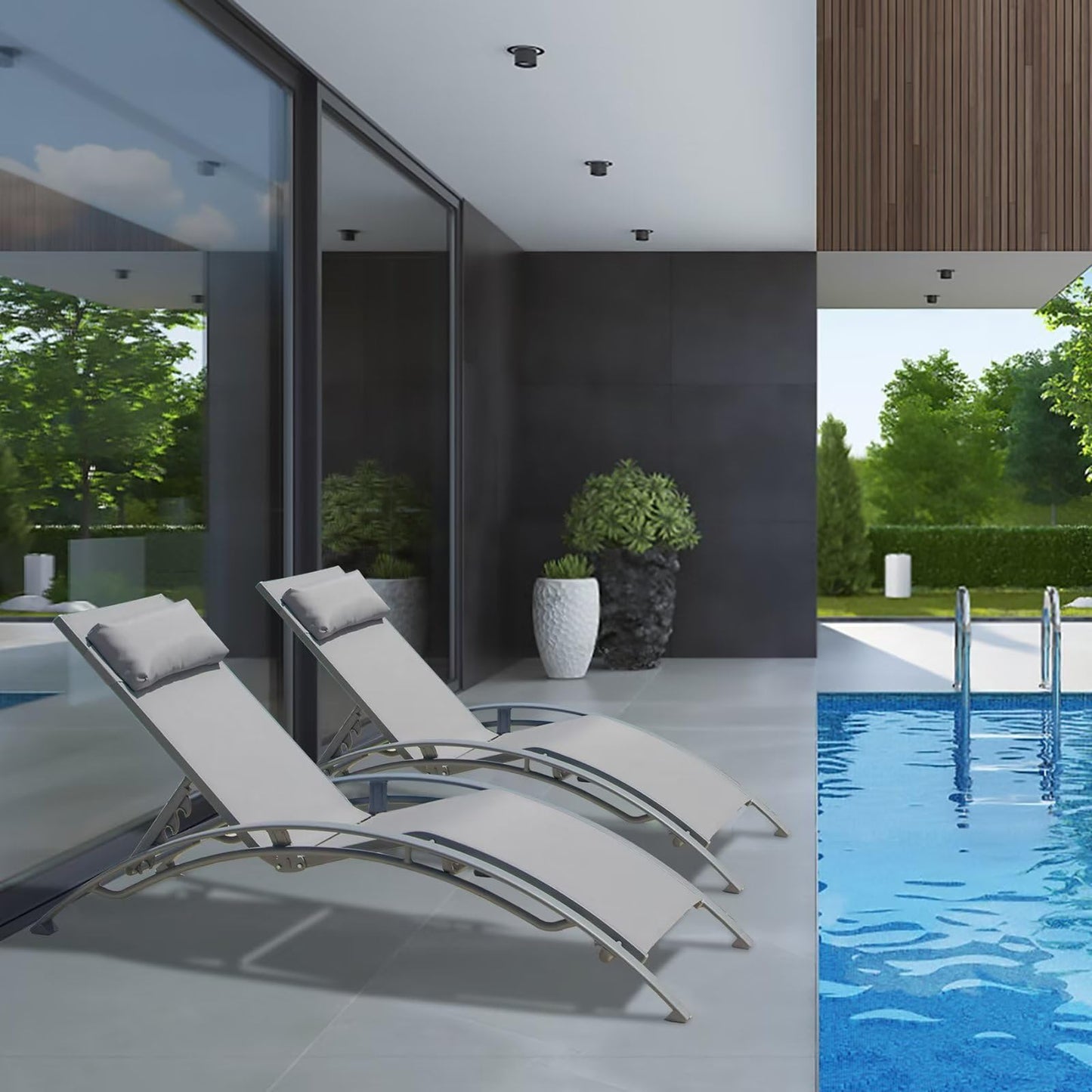 Domi Pool Lounge Chairs Set of 2, Adjustable Aluminum Outdoor Chaise Lounge Chairs, All Weather for Deck Lawn Poolside Backyard -Grey Textilene