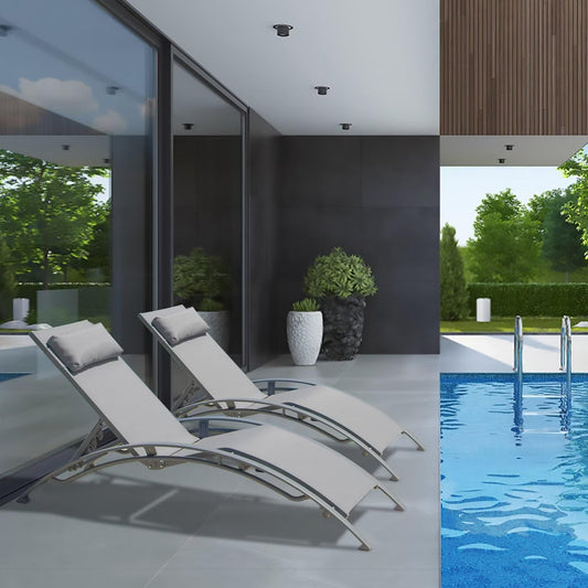 Domi Pool Lounge Chairs Set of 2, Adjustable Aluminum Outdoor Chaise Lounge Chairs, All Weather for Deck Lawn Poolside Backyard -Grey Textilene