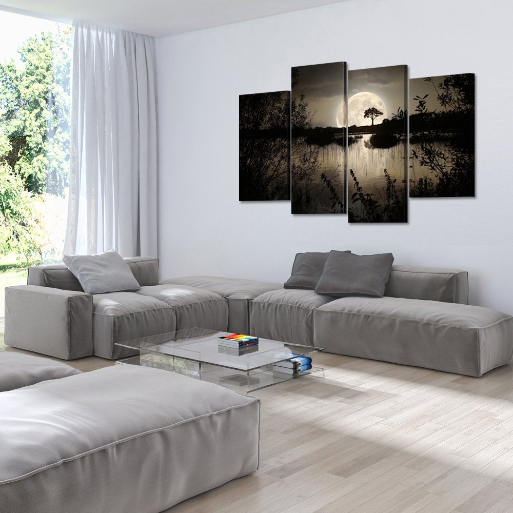 KREATIVE ARTS - 4 Pieces Canvas Prints Wall Art Big Moon over Lake in Dark Forest Modern Canvas Painting Landscape Picture Peaceful Jungle Poster Giclee Artwork For Home Decor
