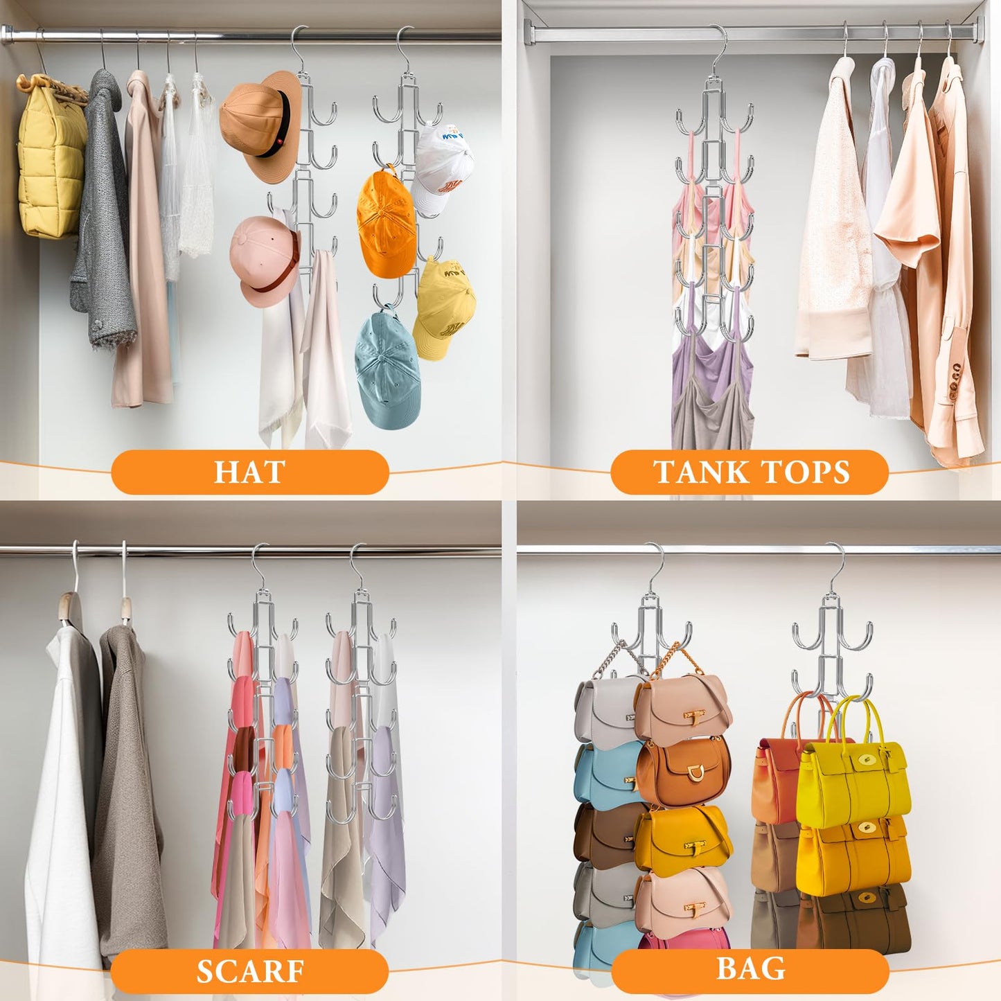 Purse Hanger for Closet, 360 Degree Purse Organizer with 10 Hooks Bag Handbag Hanger Hooks for Purse Hanging, Durable Purse Display Rack Space-Saving Bag Organizer for Women