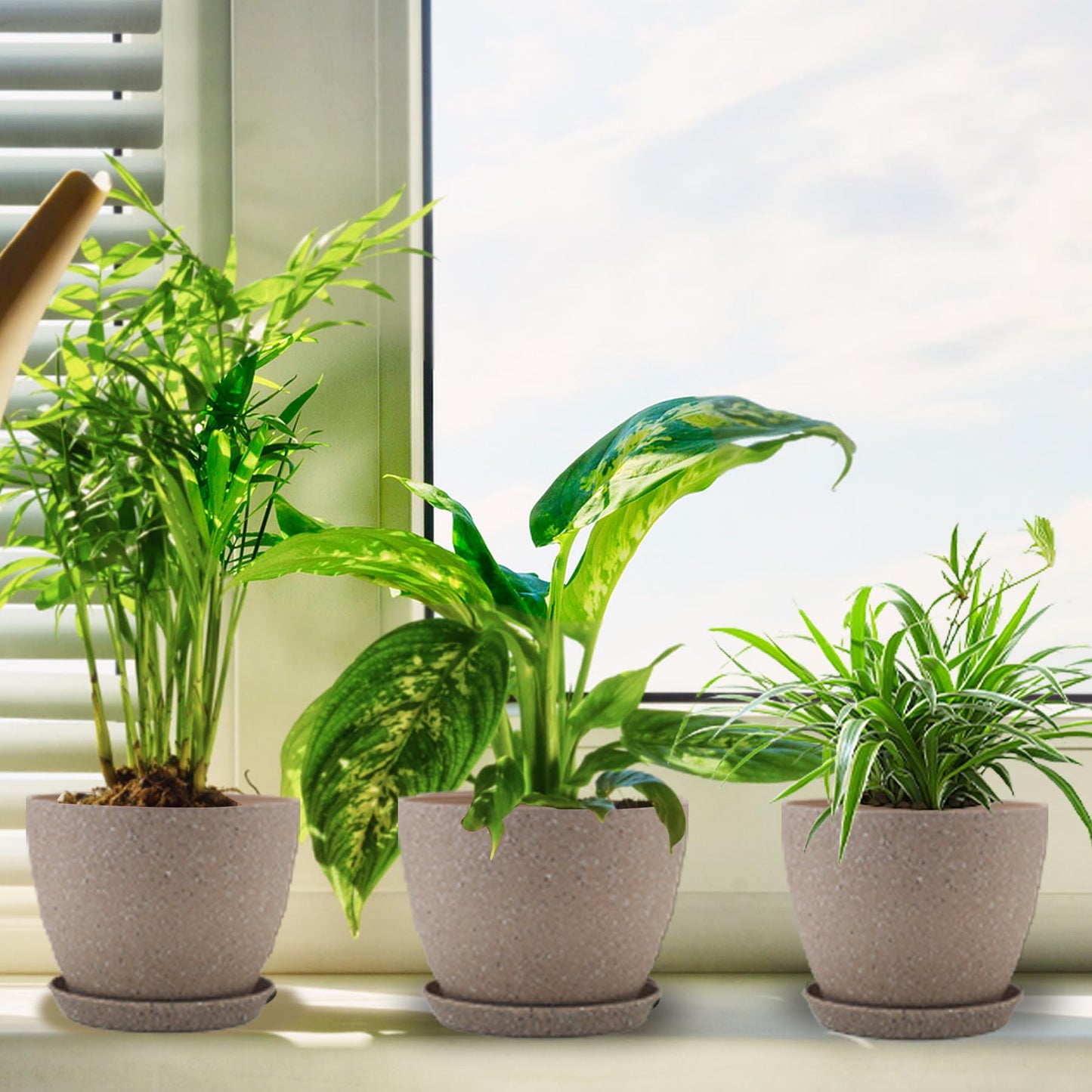 KPUVX Plant Pots- 8.5/7.5/6.5/6 Inches 4 Pack Plastic Planters,Indoor Decor Flower Pots with Drainage Holes and Tray,Home Decor Flower pots for Indoor Plants Cactus, Succulents