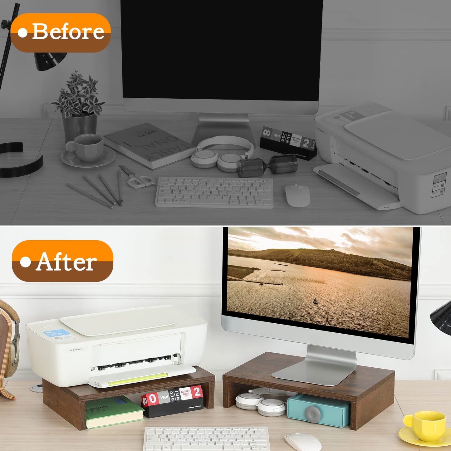 TEAMIX Monitor Riser - 2 Pack, Rustic Brown Wood Adjustable Stand for 2 Monitors/Laptop/PC