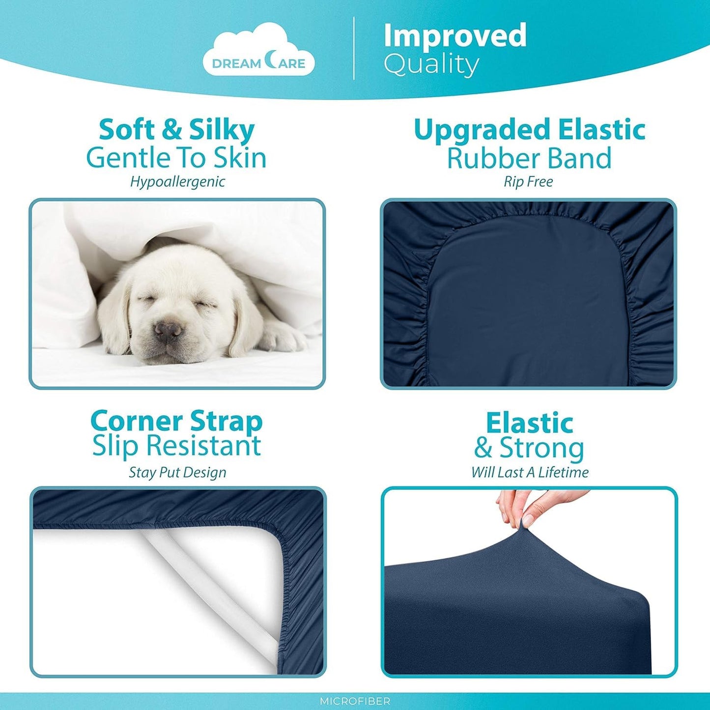 DREAMCARE Queen Fitted Sheet - Extra Deep Pocket Fitted Sheet - Fits up to 21 inch Mattress - Deep Pocket Queen Sheets - Hotel Luxury - Oeko-Tex Certified Sheets - 1 Fitted Sheet Only (Navy Blue