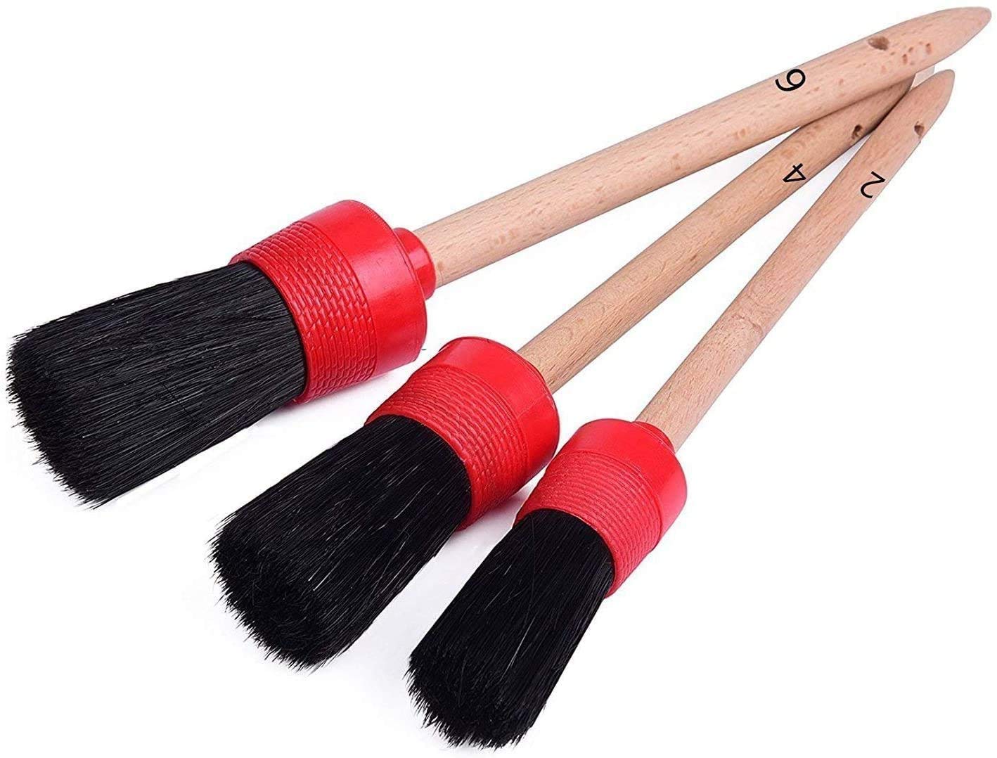 Nurkul 11Pcs Auto Detailing Set, Boar Hair Brushes, Steel Wire & A/C Brushes, Red, Soft Bristles, Wood Handles for Cleaning Interior, Exterior, Leather, 6 Sizes