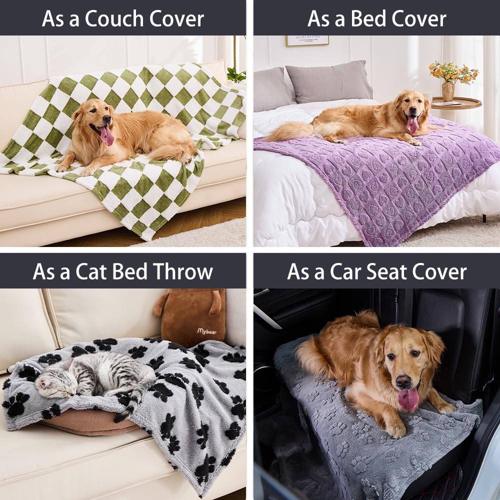 Qeils Jacquard Dog Blankets for Large Dogs, Cozy Calming Cat Blankets Washable, 280GSM Coral Fleece Plush Fluffy Throw Blanket, Sage Green Checkered, 30x40IN