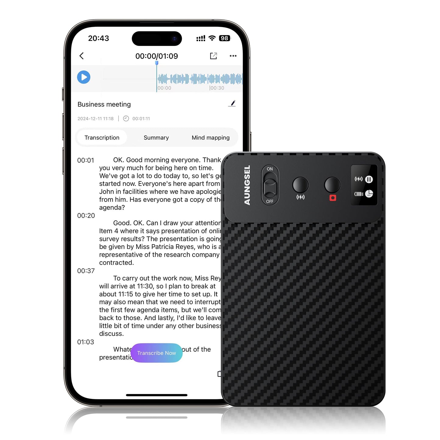 Aungsel AI Voice Recorder, Transcribe & Summarize AI Audio Recorder, Support 121 Languages, 64GB Memory, Wireless Charging, App/Web Control, Digital Recording Device for Lectures, Meetings, Calls