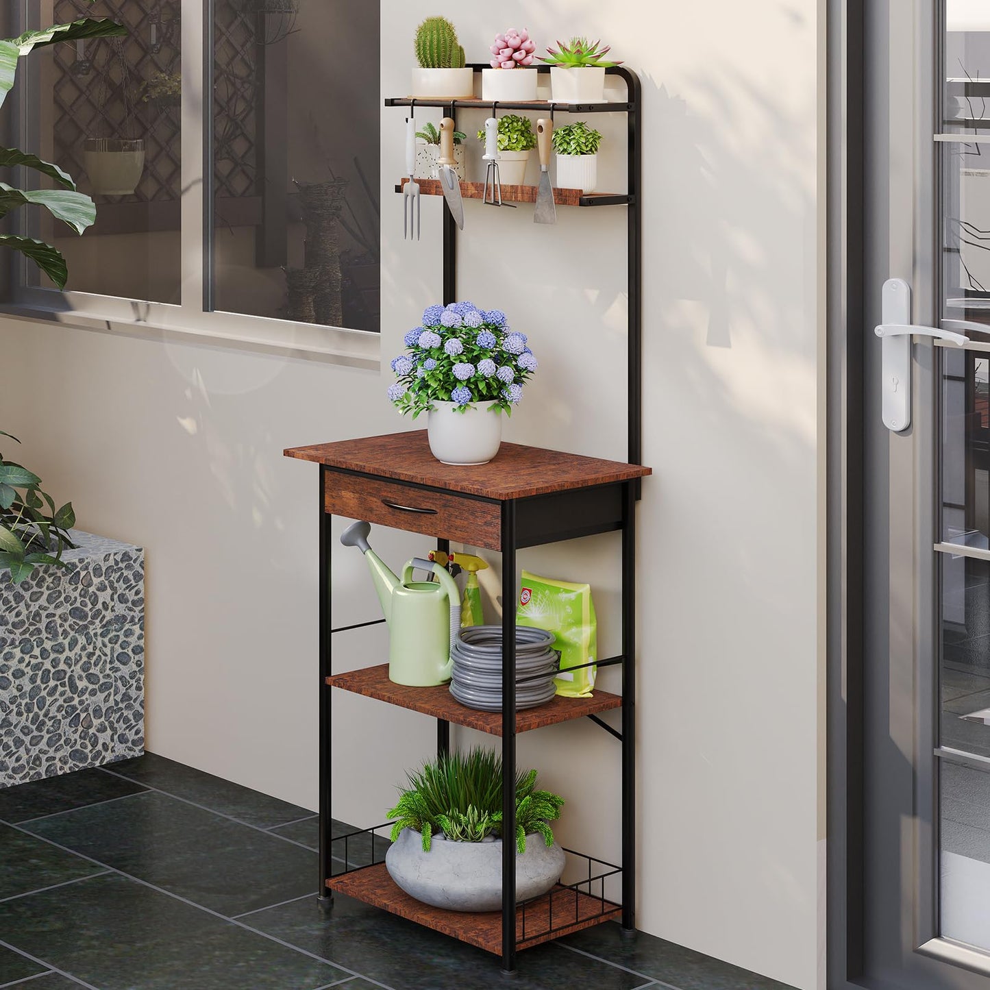 Homsorout Coffee Bar Station - Bakers Rack with Fabric Drawer, Microwave Oven Storage Stand, Bakers Rack for Coffee Stand Station, Home Kitchen Organizer, Brown