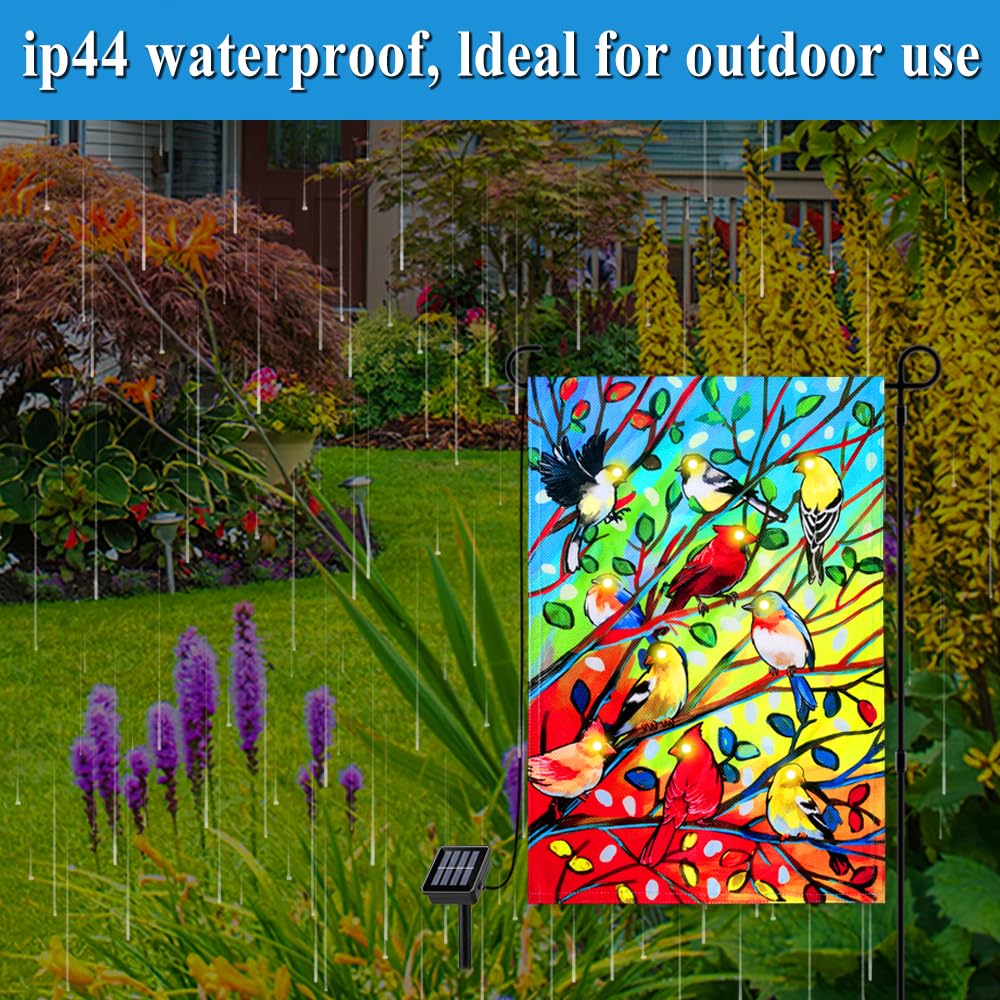 YMYIELD Lighted Tree Birds Garden Flags 12x18 Double Sided Solar LED Flashing Yard Flag for Lawn Outdoor Patio Decorations (Stand Not Included)
