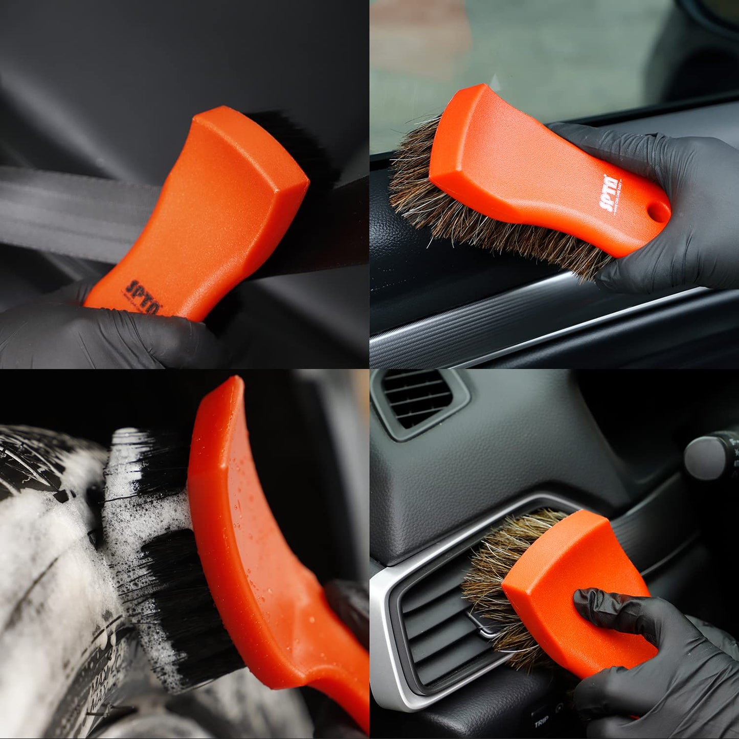 SPTA 3Pcs Car Detailing Brush Kit, Leather & Textile Interior Brush, Comfortable Grip and Scratch-Free Cleaning for Dashboard, Wheels, Seats, Foot Mats and Small Areas, Black