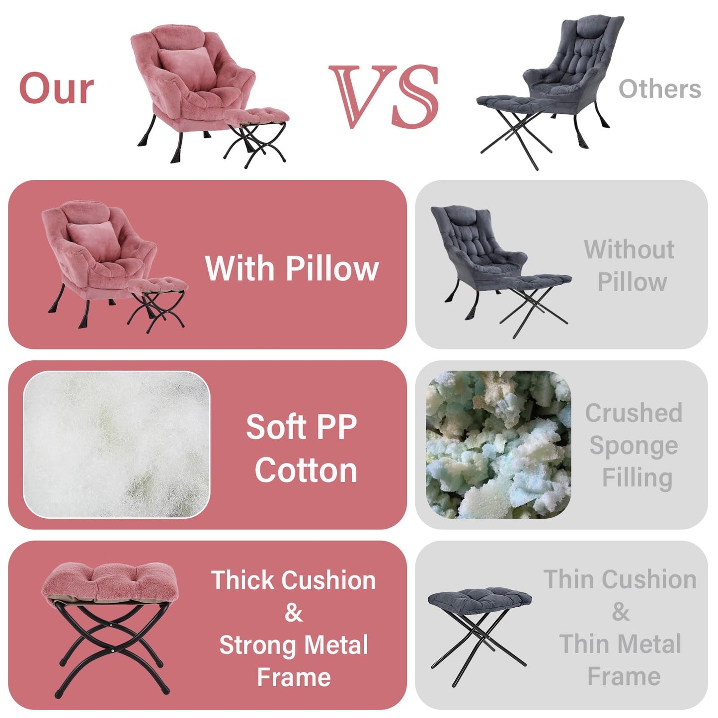 YOTATING Lazy Chair with Ottoman, Comfy Reading Lounge Chair with Footstool & Throw Pillow Modern with Armrests & Side Pocket for Living Room, Bedroom, Dorm Room, Plush Dark Pink