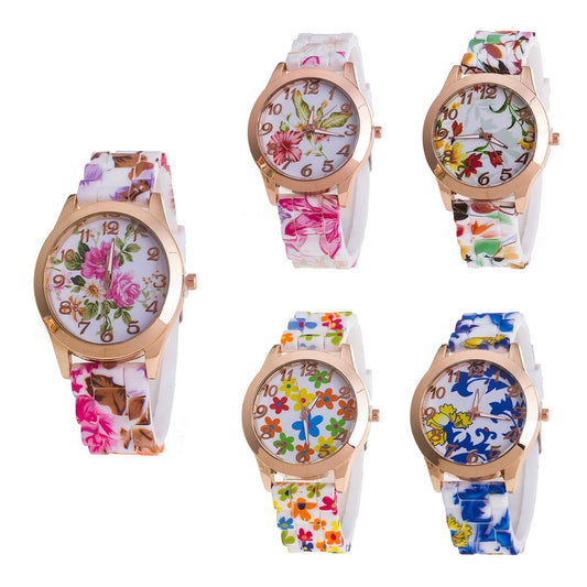 CdyBox Women Ladies Floral Dial Silicone Band Analog Watches Rose Gold Tone Numbers (5 Pack)
