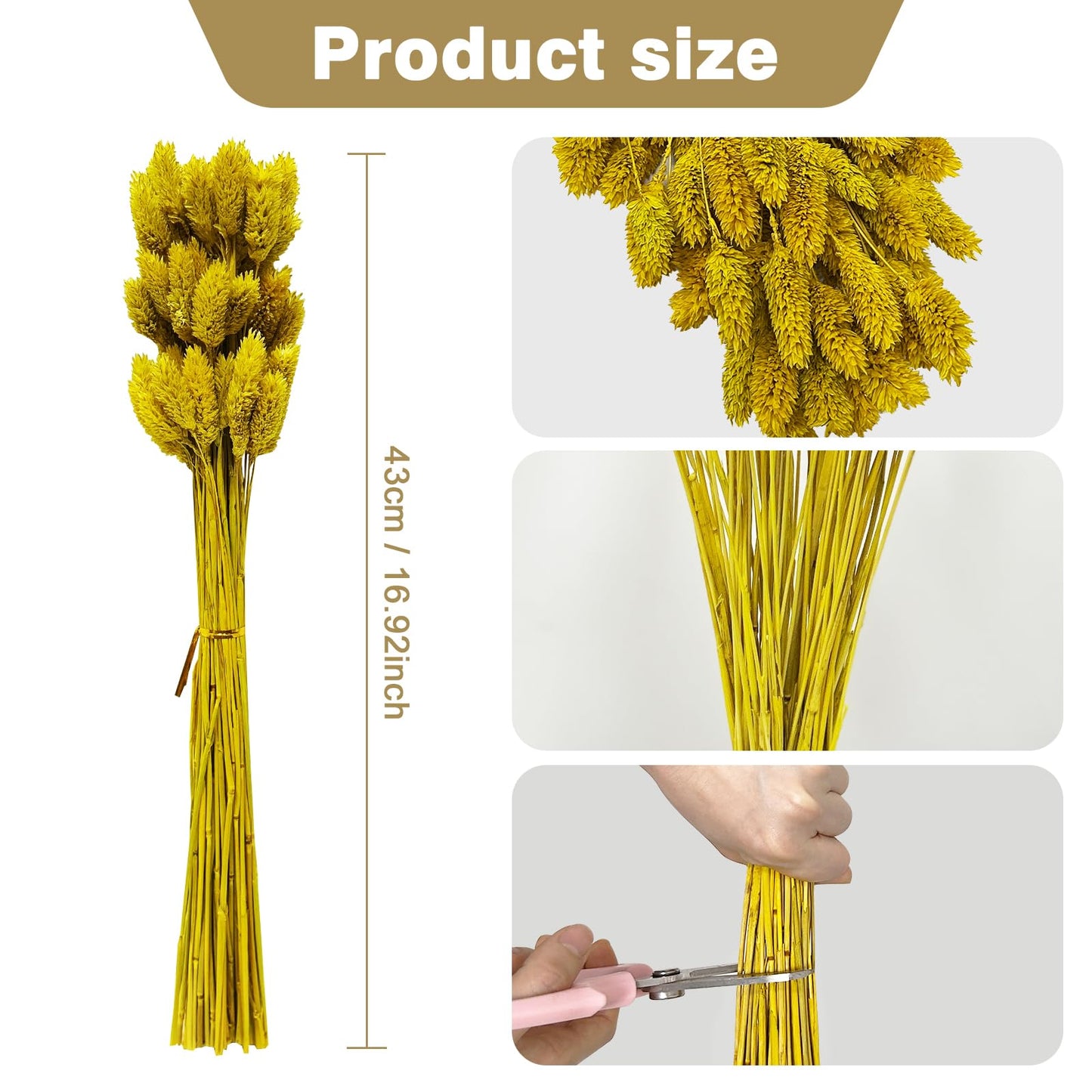 120 PCS Boho Pampas Grass, 17" Bunny Tails Gem Grass Flower Bouquet Decor for Home Wedding Farmhouse Decor (Lemon Yellow)