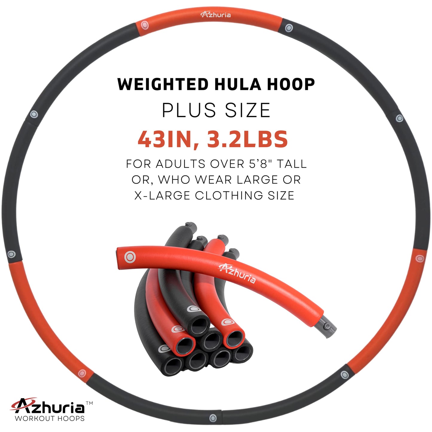 Weighted Hula Hoop Plus Size | 3.2lb weight, 43in diameter | Extra Large Hula Hoop for Adults Weight Loss | Easy to Spin, Soft Padding | Exercise Hoop for Beginners & Advanced Hoopers (Red, Black)