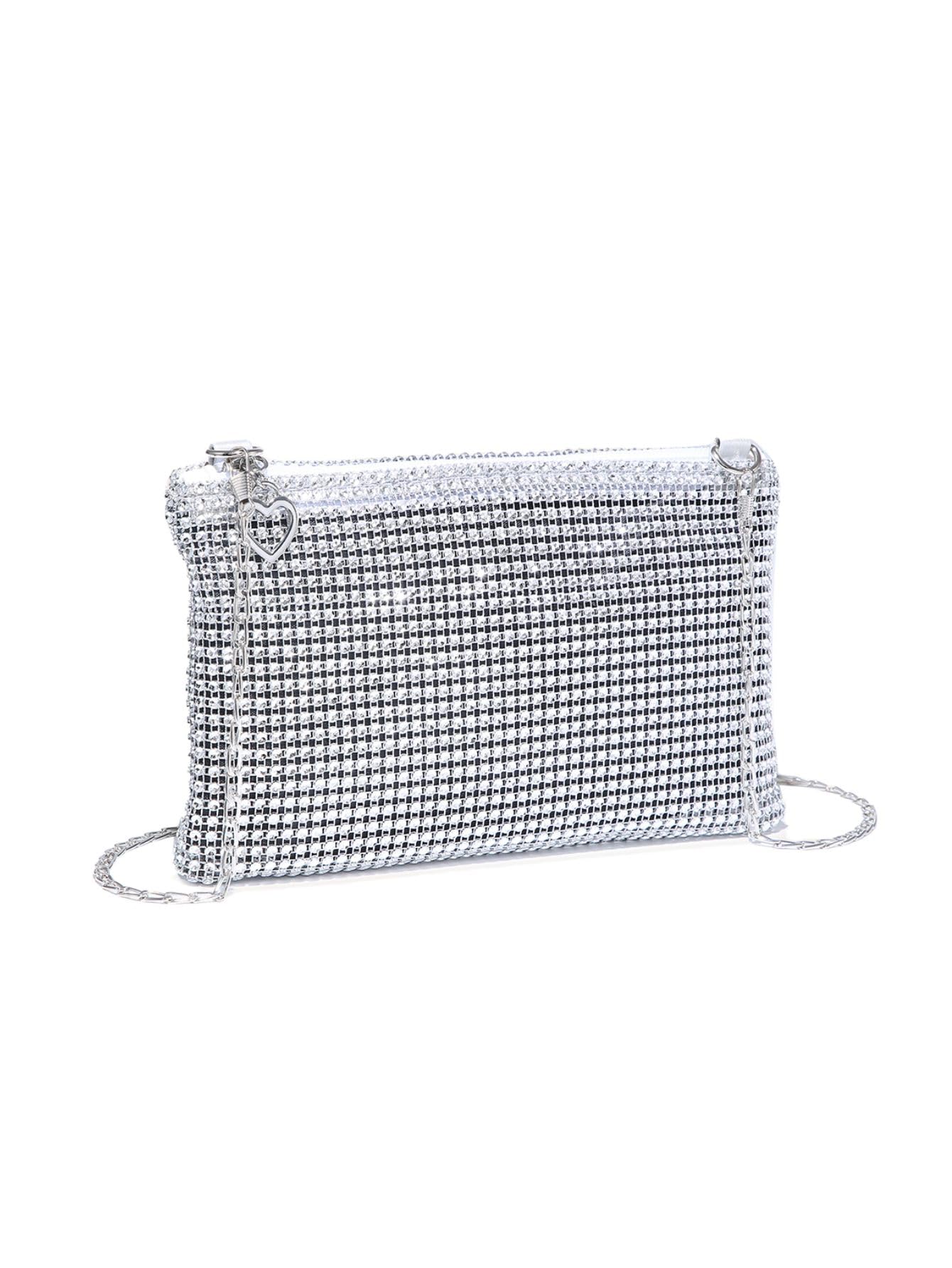 Verdusa Women's Shiny Mini Rhinestone Square Bag Sparkle Clutch Purse Wedding Evening Party Handbags Silver One-Size