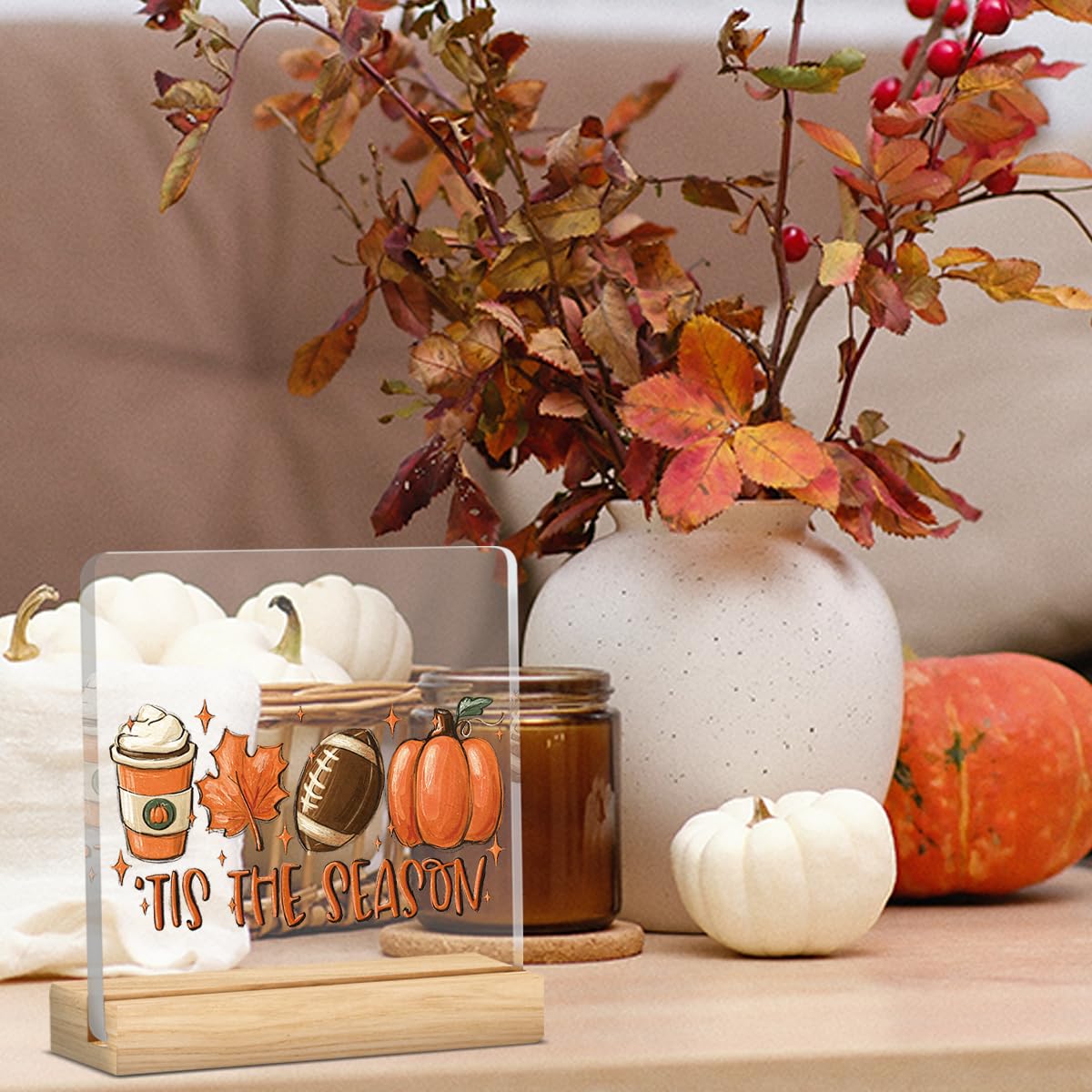 Tis the Season Fall Decor Retro Fall Decorations for Home Office Autumn Pumpkin Decorations Sign Rustic Thanksgiving Acrylic Decor for Table 5 x 5 inches