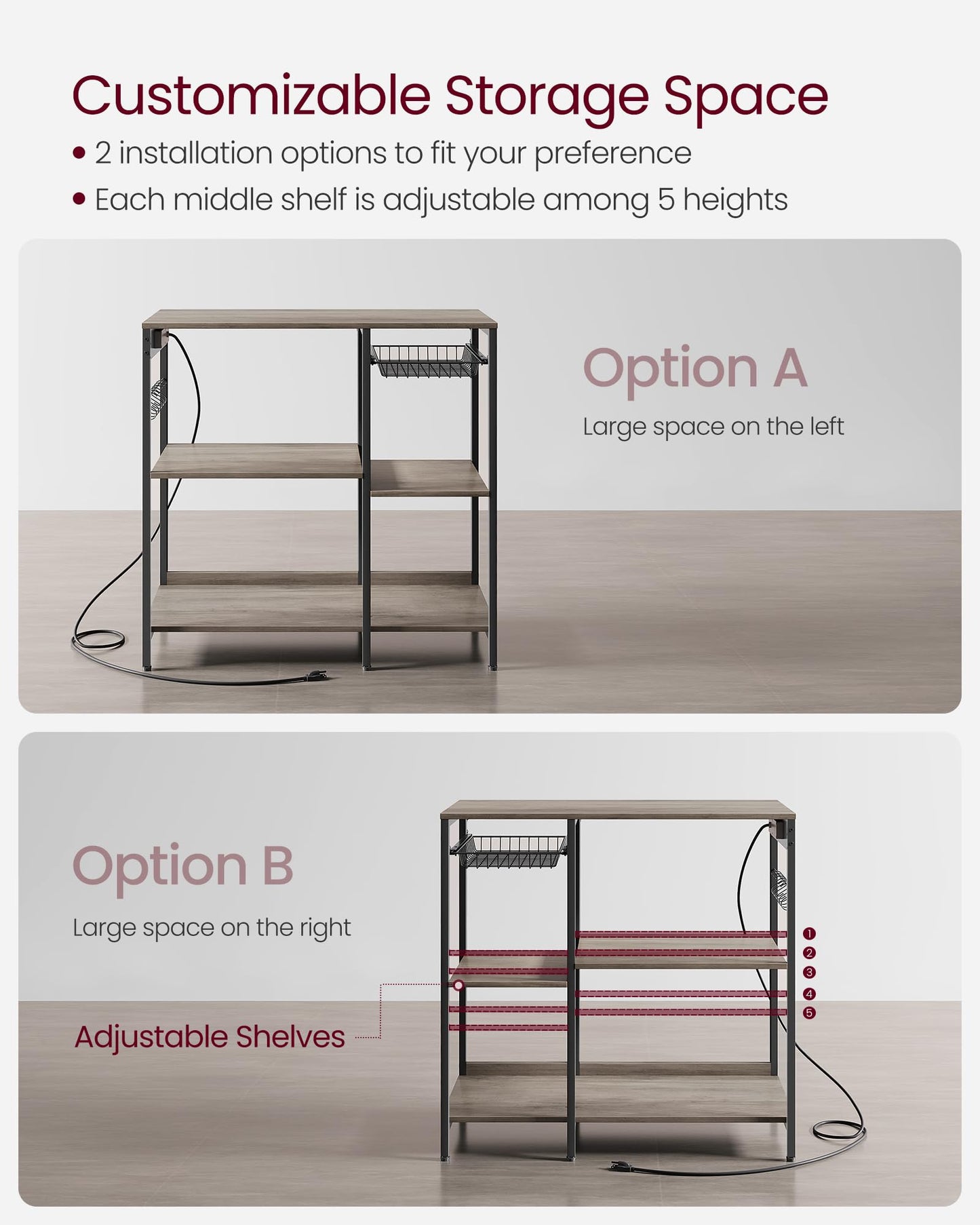 VASAGLE Baker's Rack, Coffee Bar Stand with Charging Station, Storage Shelves, Pull-Out Wire Basket, Table for Microwave, Kitchen, Greige UKKS036K02, 15.7 x 35.4 x 35.6 Inches