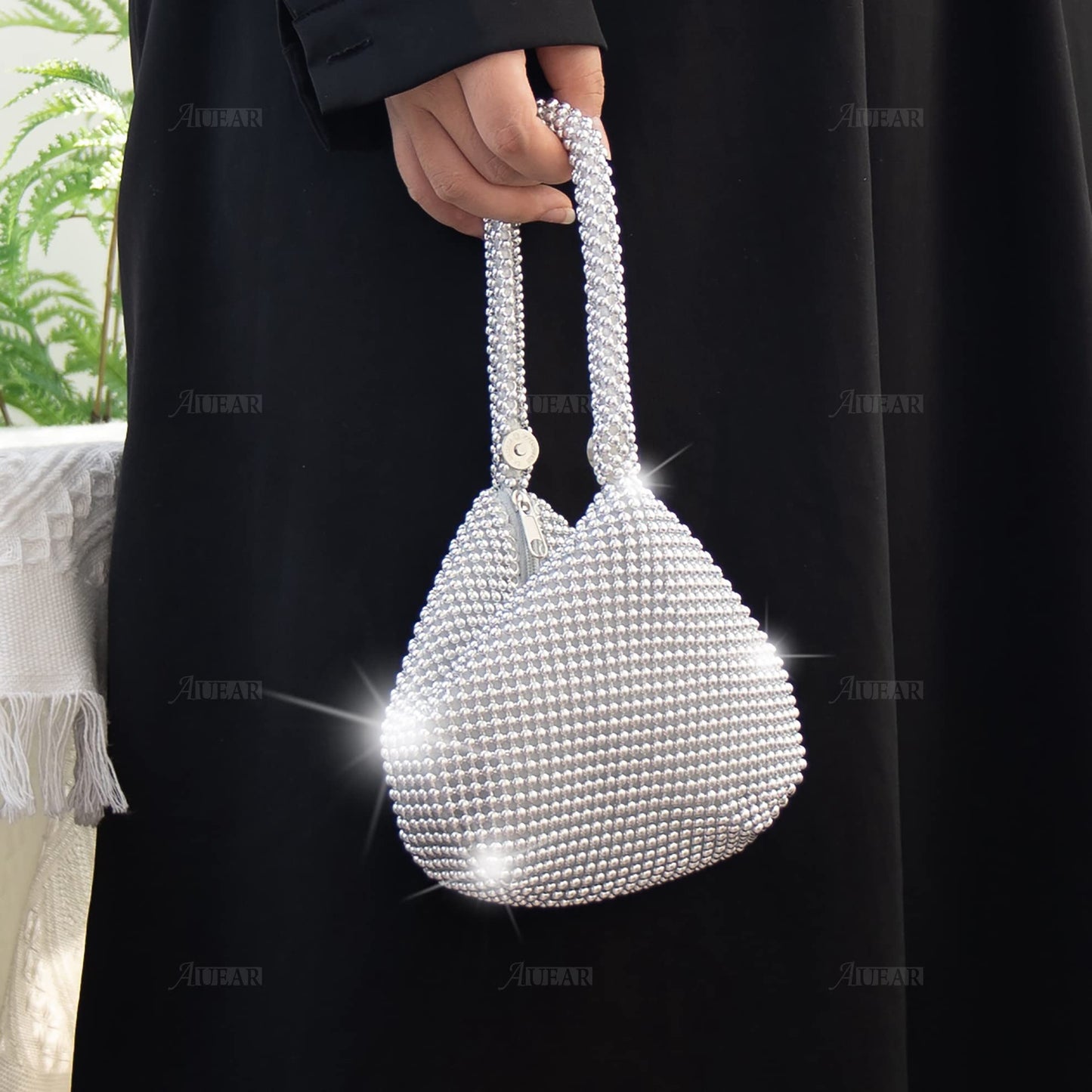 AUEAR, Triangle Bling Zipper Pouch Mini Size Women's Evening Clutch Bag Luxury Full Purse Sparkly Handbag for Prom Cocktail Party Wedding Engagement Silver