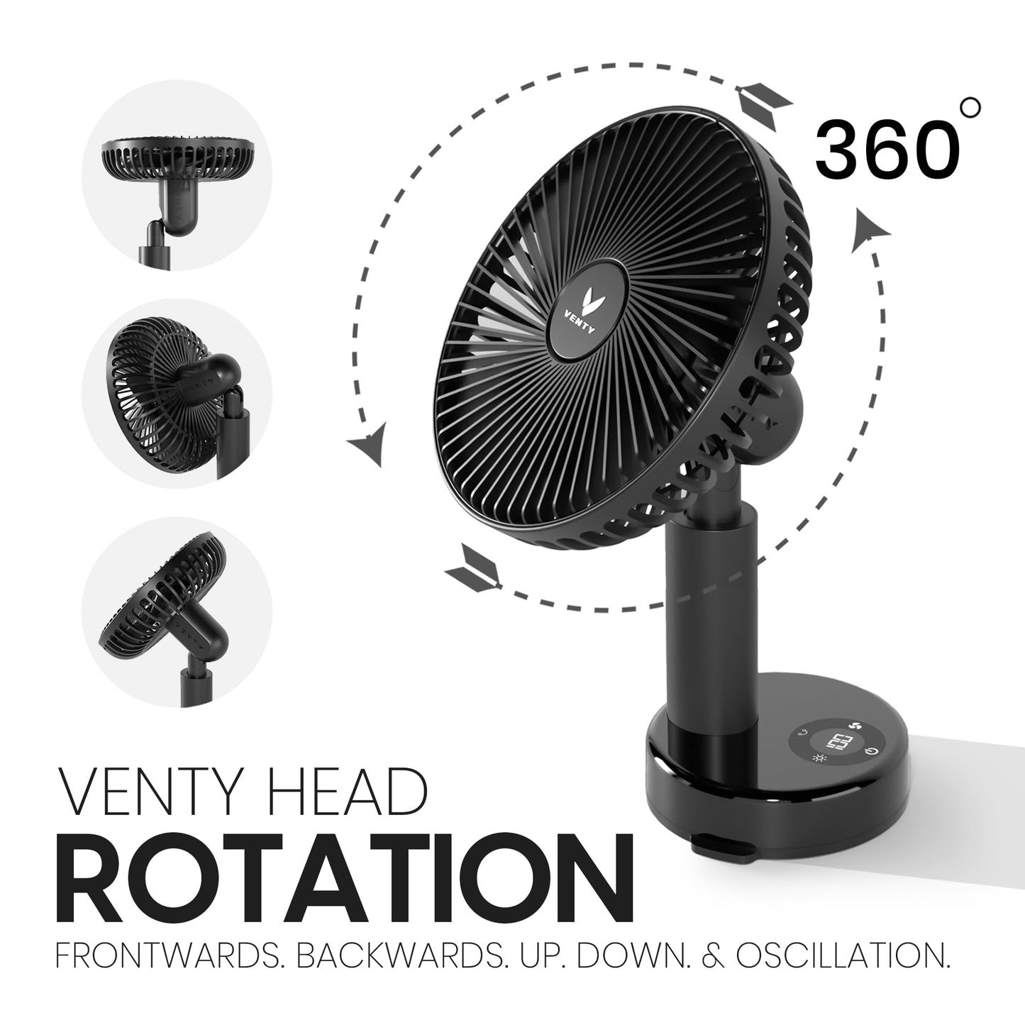 VENTY Portable Clip Fan - Rechargeable 10-Hour Battery Portable Fan - 360° Rotation & 90° Tilt - Stroller, Desk or Bedside - Aromatherapy & LED Light - USB-C Rechargeable Clip On