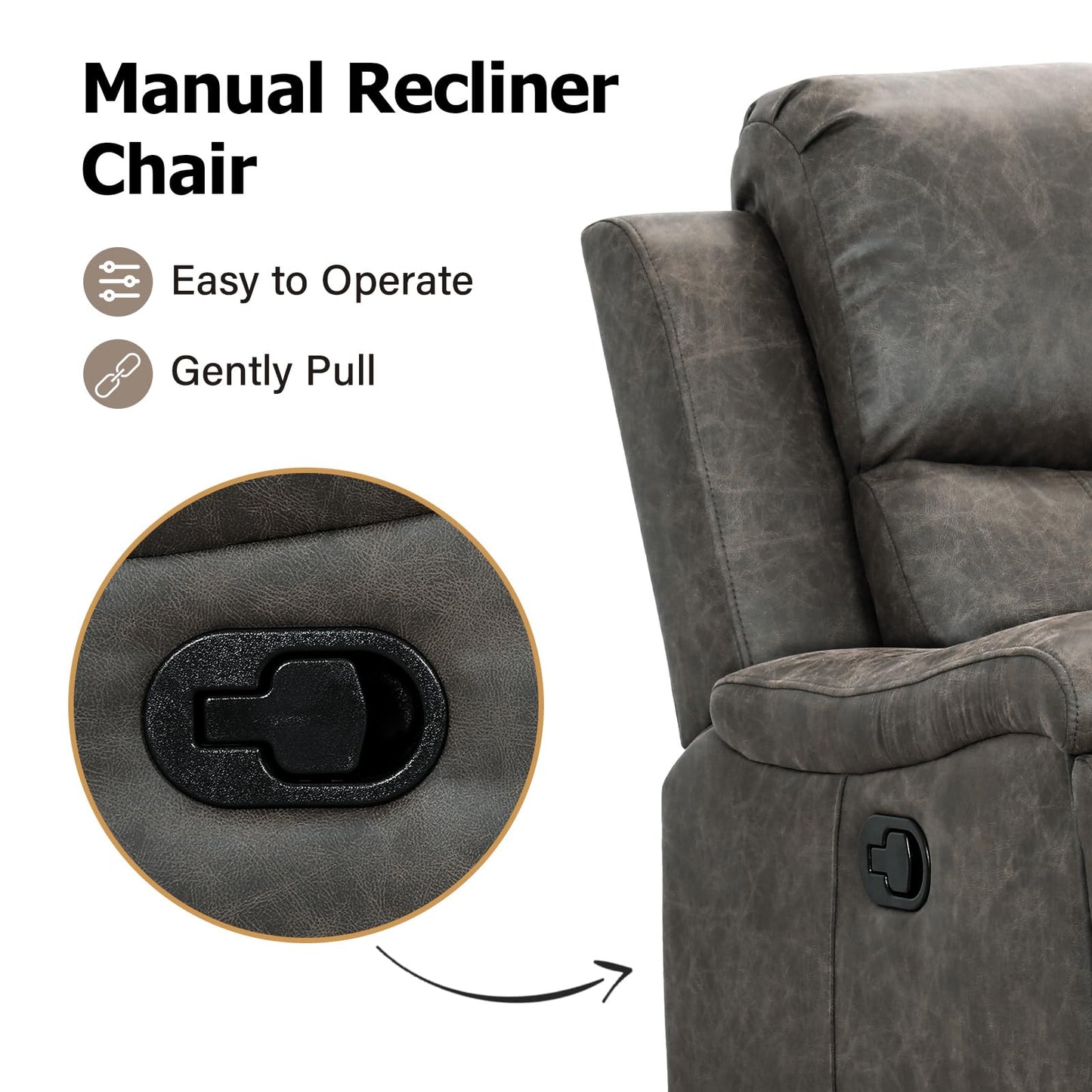 CANMOV Leather Recliner Chair, Classic and Traditional Manual Recliner Chair with Overstuffed Arms and Back, Manual Single Sofa with Concealed Cup Holders,Grey