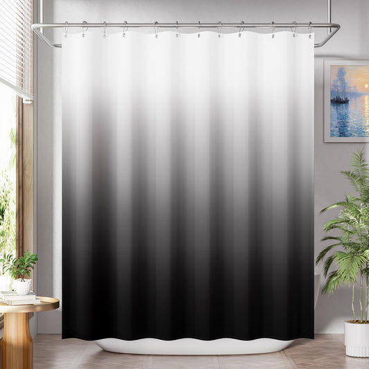AmazerBath Shower Curtain, Cloth Ombre Black Shower Curtain Set with 12 Hooks, Washable Fabric Black and White Shower Curtain, Rustic Farmhouse Bathroom Shower Curtain, 72x72 Inches