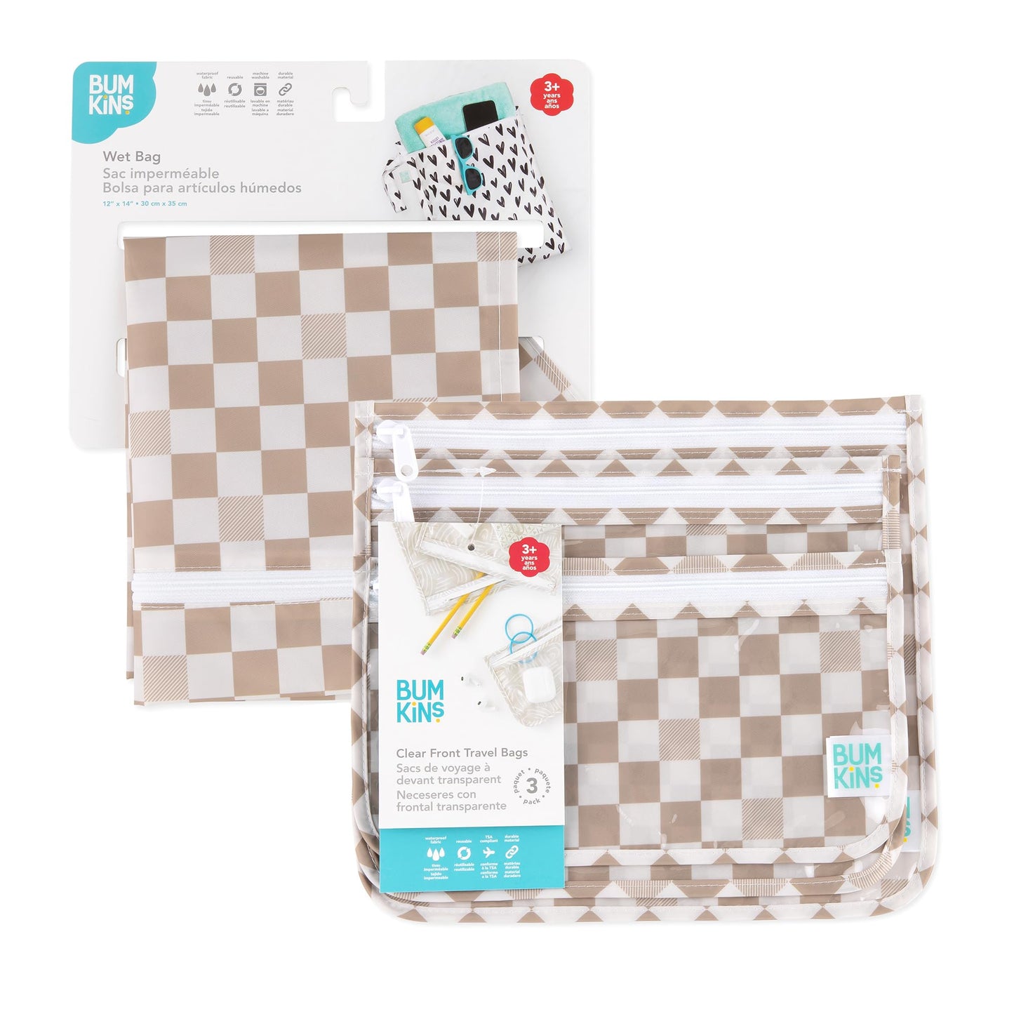 Bumkins - Waterproof Wet Bag & Clear Travel Bags - For Beach, Baby, Travel, Swim Suit, Cloth Diapers, Pump Parts, Pool, Gym, Toiletries - Reusable & Easy to Clean - Beige Check - 4 Pack
