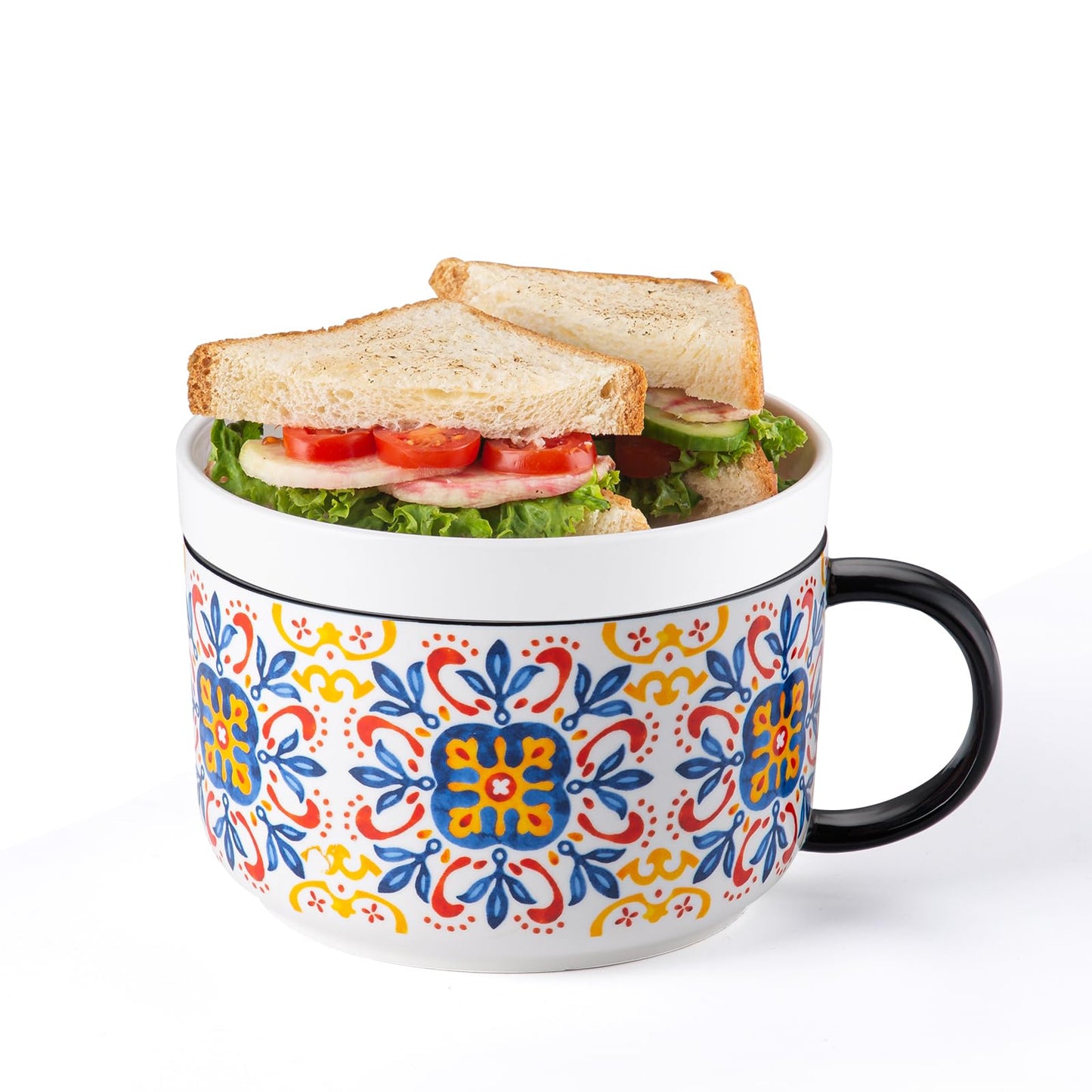 Chubacoo Soup Bowl & Sandwich Plate Combo: 38 oz Ceramic Ramen Bowl Microwave Safe - Extra Large, Big Handle, Ideal for Cereal, Salad, Pasta, Solo Dining, Breakfast, Afternoon Tea - Design C