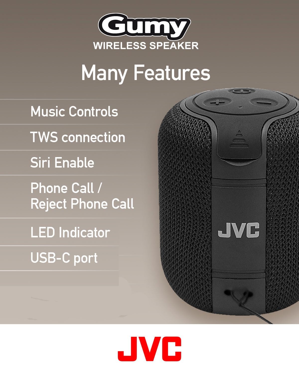 JVC Portable Gumy Wireless Speaker with Surround Sound, Bluetooth 5.3, Lightweight, TWS Capability, USB-C, up to 15-Hour Battery Life - SPSG1BTB (Black)
