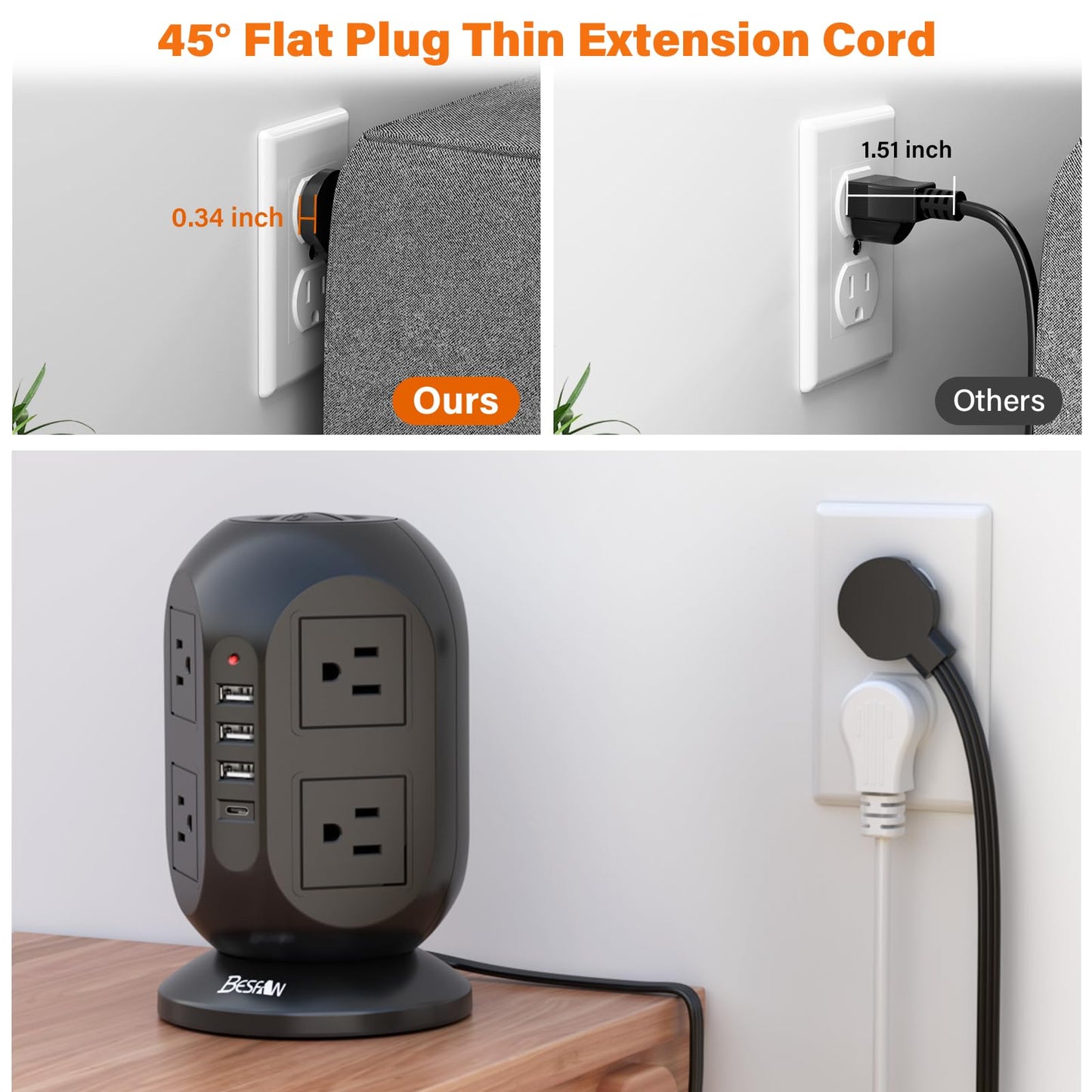 Surge Protector Power Strip Tower with 8 AC Outlets 4 USB Ports (1 USB C), 10 ft Flat Extension Cord with Multiple Outlets Charging Station for Dorm Home Office Essentials, Black