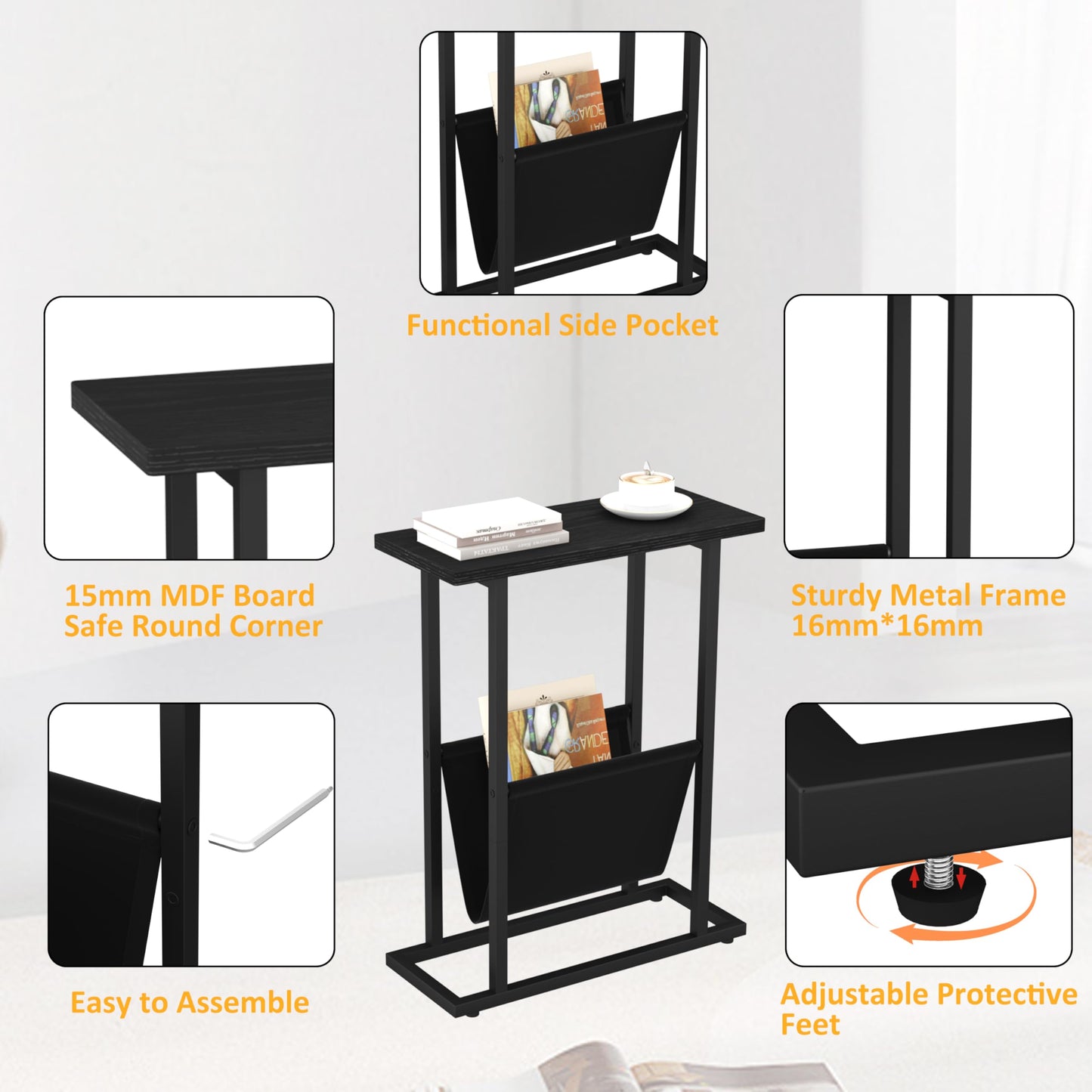 Yusong Narrow Side Table for Small Spaces, Small End Table Set of 2 with Magazine Holder, Skinny Slim Little Thin Table for Living Room, Bedroom, Sofa, Black Oak