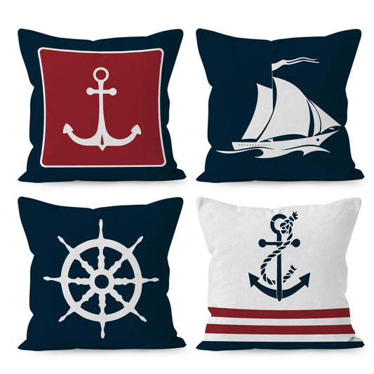 HUYAW Navy Blue Nautical Ocean Boat Anchor Throw Pillow Covers, Ship Nautical Gifts, Boat Pillow Cases 18 x 18 Inch Home Ship Sofa Decor Set of 4