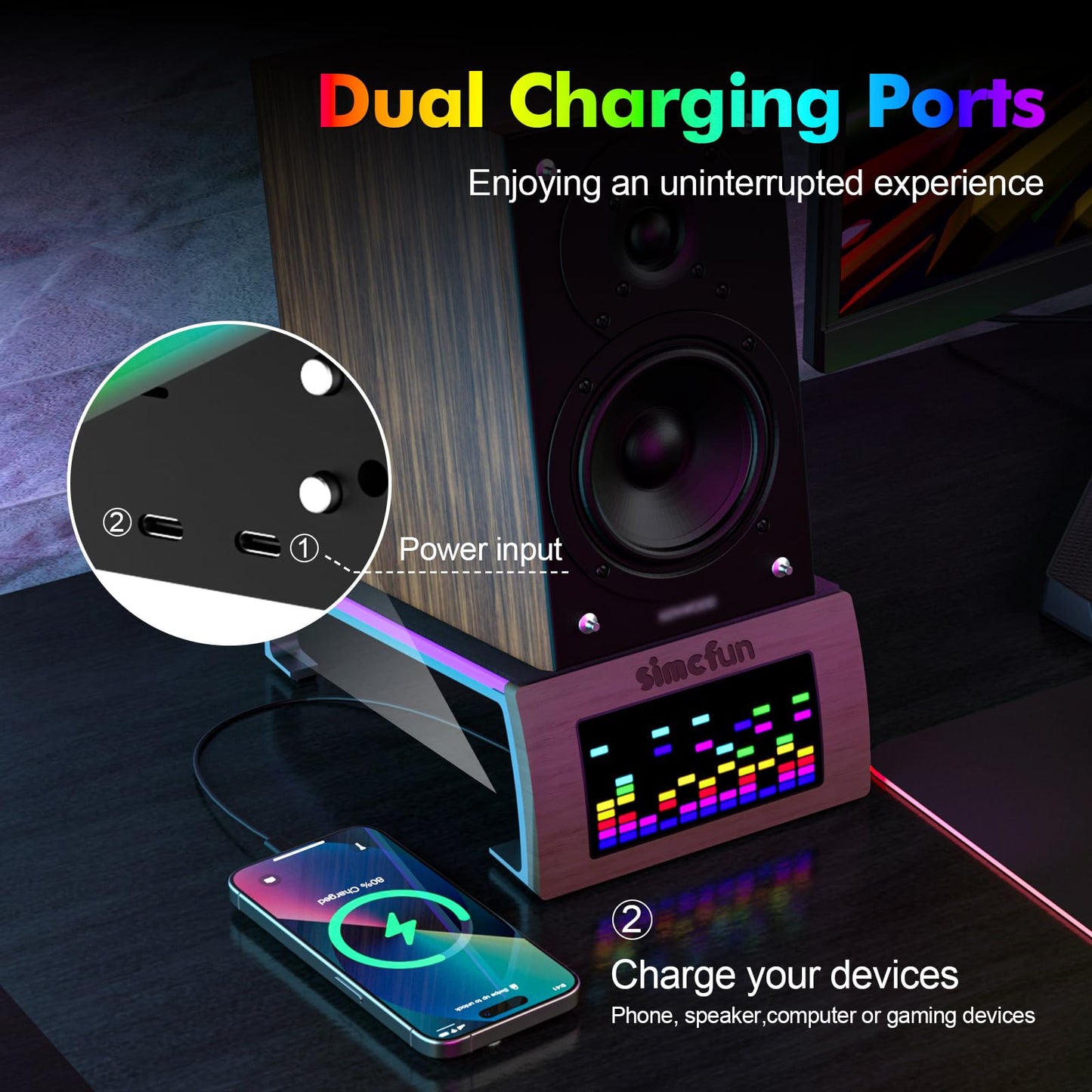 RhythmDance Desktop RGB Tilt Speaker Stands Surround Sound – Dynamic LED Light Display with Sound Sensor, Adjustable Light Modes w/c Dual Charging Ports – 1 Pair Bookshelf Laptop Desk Audio Stands