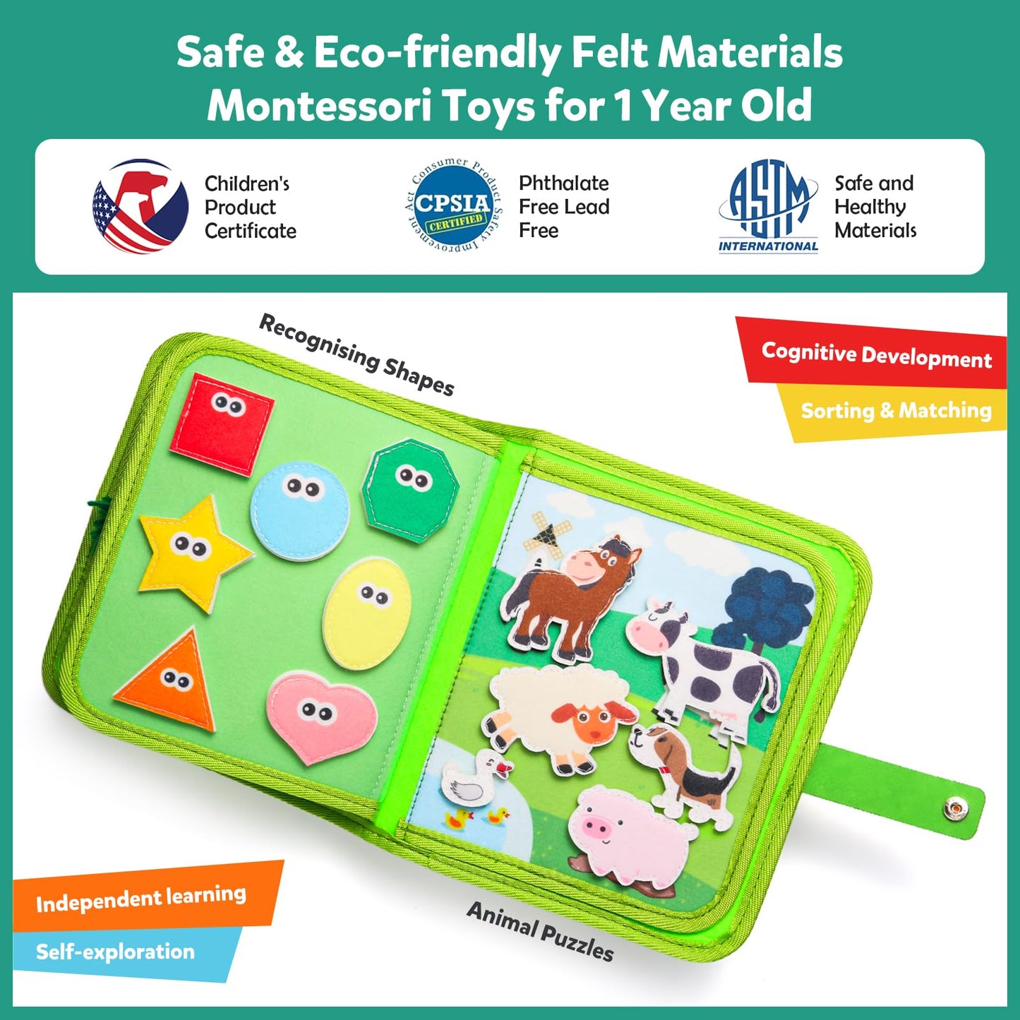 hovikoki Busy Book for Toddlers 1-3 - Montessori Toys Busy Board for 1 Year Old Boy Girl Toys Educational Quiet Activity Books Learning Board Toddler Airplane Travel Toy Birthday Gift - Farm Animals