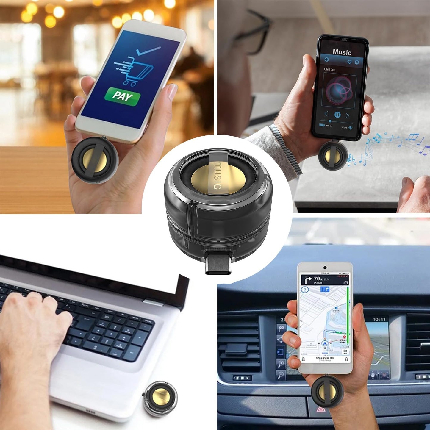 DRVLET Mini Portable Speaker, 3W Plug in Cell Phone Speaker Amplifier with Type-c Audio Interface, Plug and Play for Phone, IPad, Tablet, Smartphone (Black)