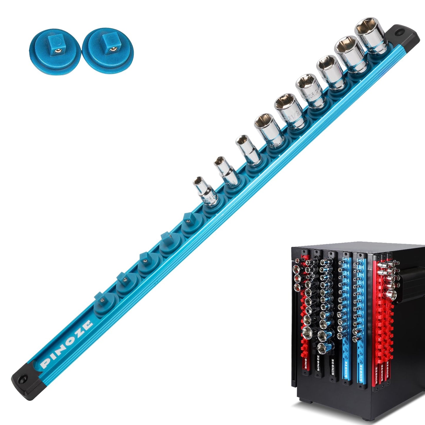 8PCS Magnetic Socket Holder Organizer Set - 1/4, 3/8, 1/2 - Aluminum Alloy Socket Rail Trays for Tool Box Drawer, Socket Rack Kit with 114Pcs Clips for Automotive Garage(Blue Red Black)