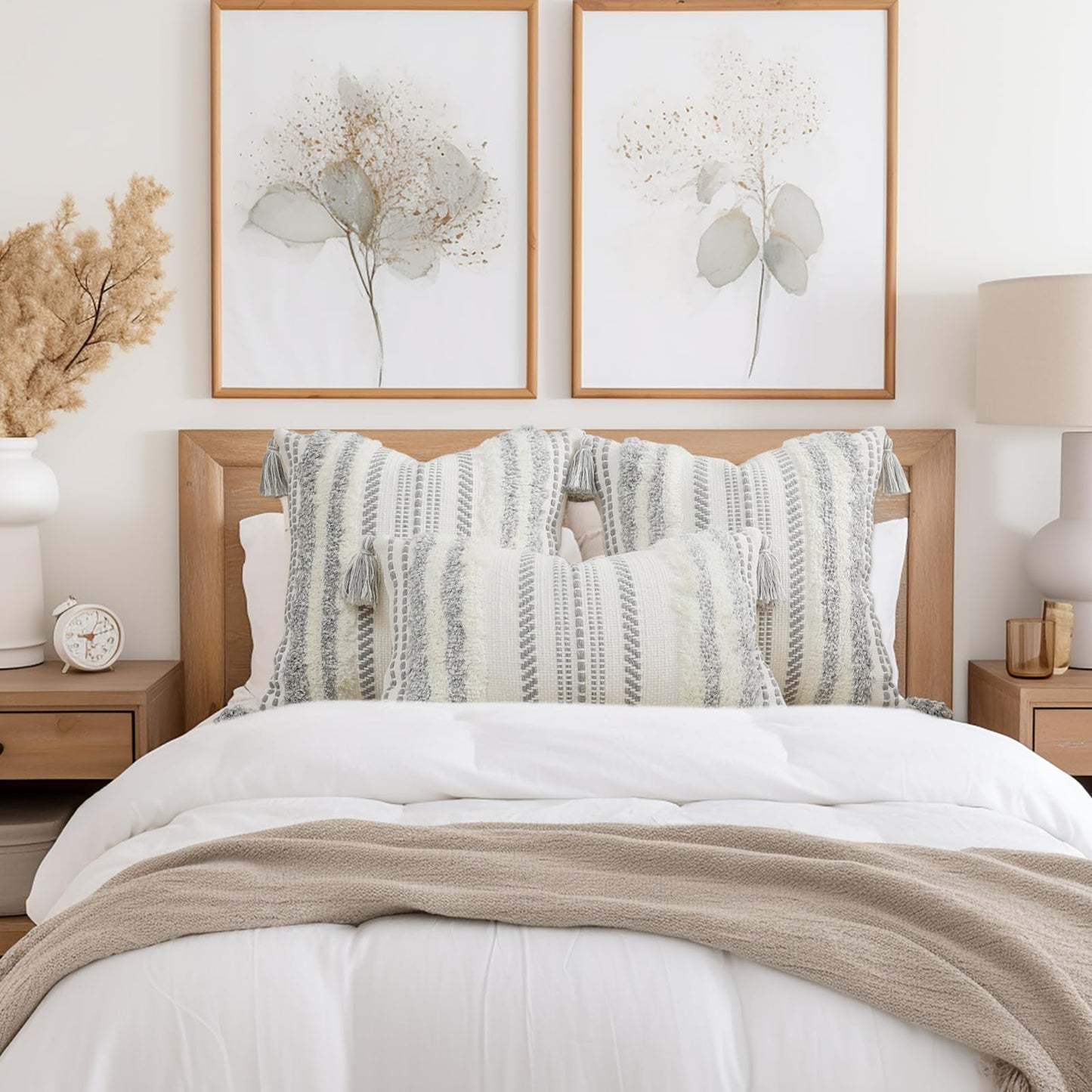 decorUhome Decorative Boho Throw Pillow Cover 12x20, Lumbar Accent Neutral Textured Tufted Pillow Cover Striped for Couch Bed Sofa, Grey and Cream White, Pack of 1