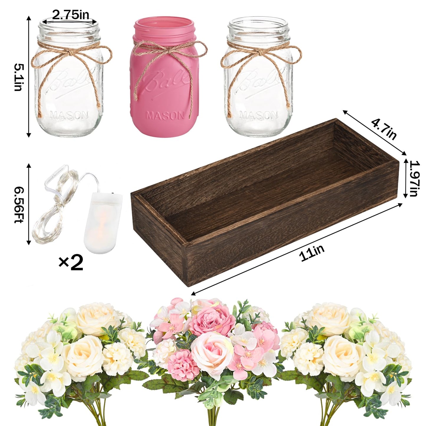 BLEUM CADE Centerpiece Table Decorations - 3Pcs Roses Artificial Flowers in Mason Jars with Wood Tray for Dining Table Coffee Table Farmhouse Home Decor